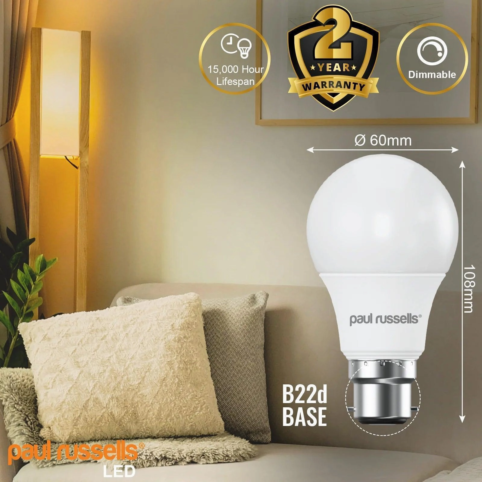 12 X LED Dimmable B22 8.5W (60W) Warm White GLS Bayonet Cap Light Bulbs