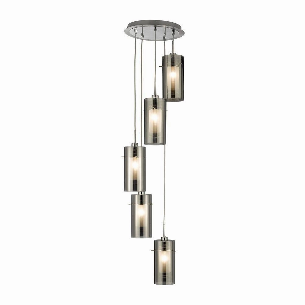 5 Light Duo 2 Multi-drop Pendant Smokey/Frosted Glass Shades ambient ceiling fixture