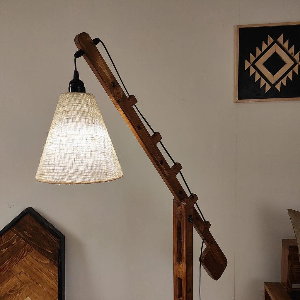 Angler Wooden Floor Lamp with Brown Base and Jute Fabric Lampshade (BULB NOT INCLUDED)