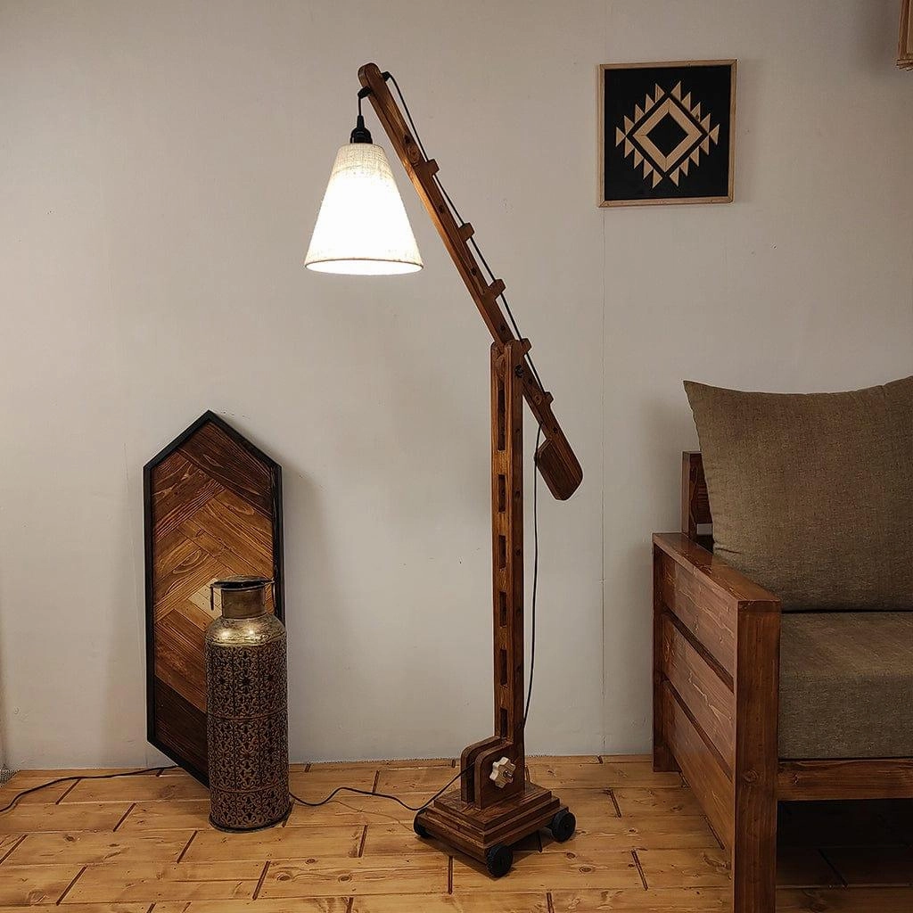 Angler Wooden Floor Lamp with Brown Base and Jute Fabric Lampshade (BULB NOT INCLUDED) creative lampshade design