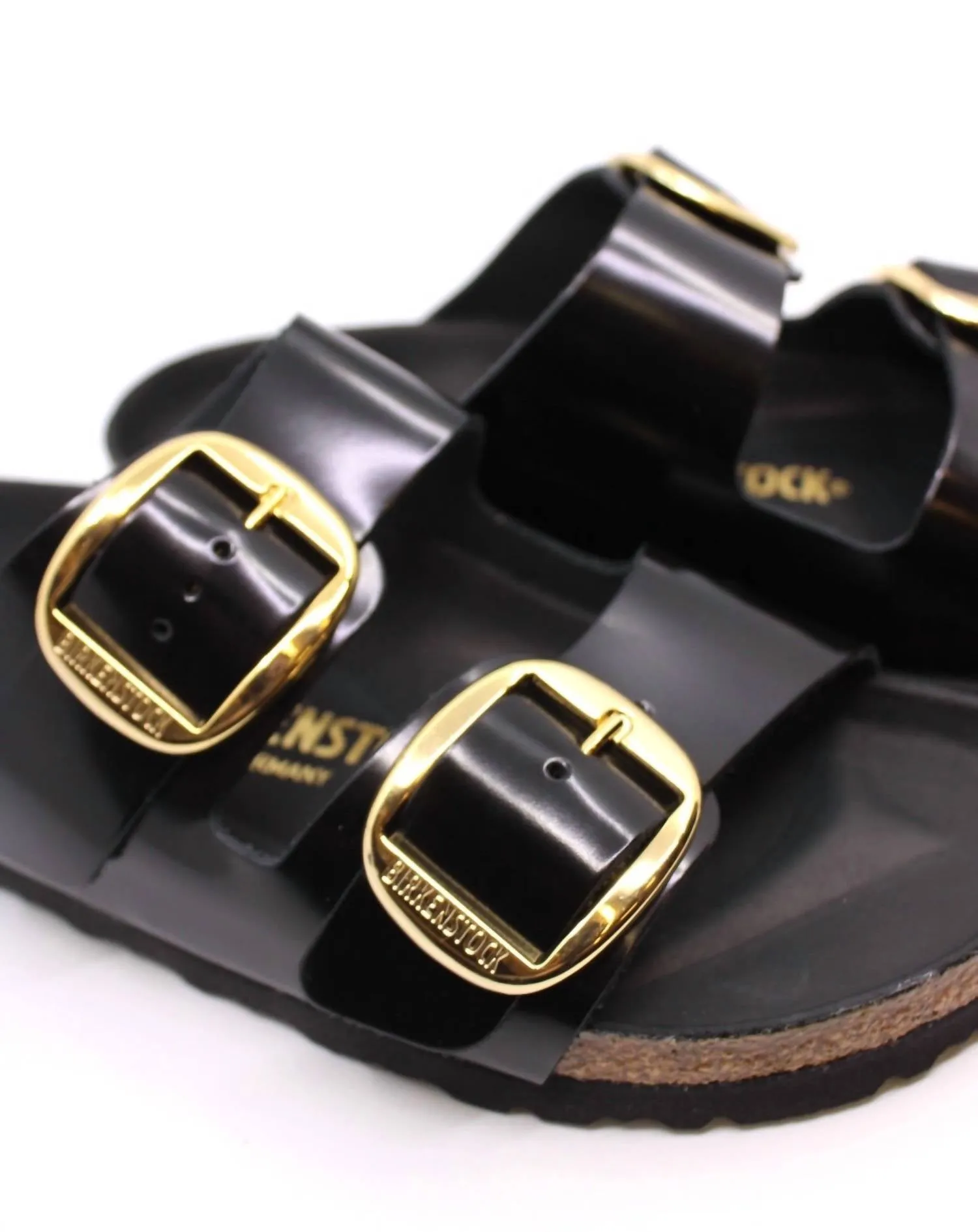 Arizona Big Buckle Narrow Sandal In High Shine Black