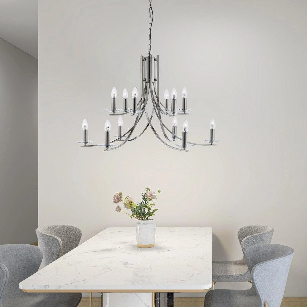 Ascona 12 Light Satin Silver Chandelier - Glass Sconces