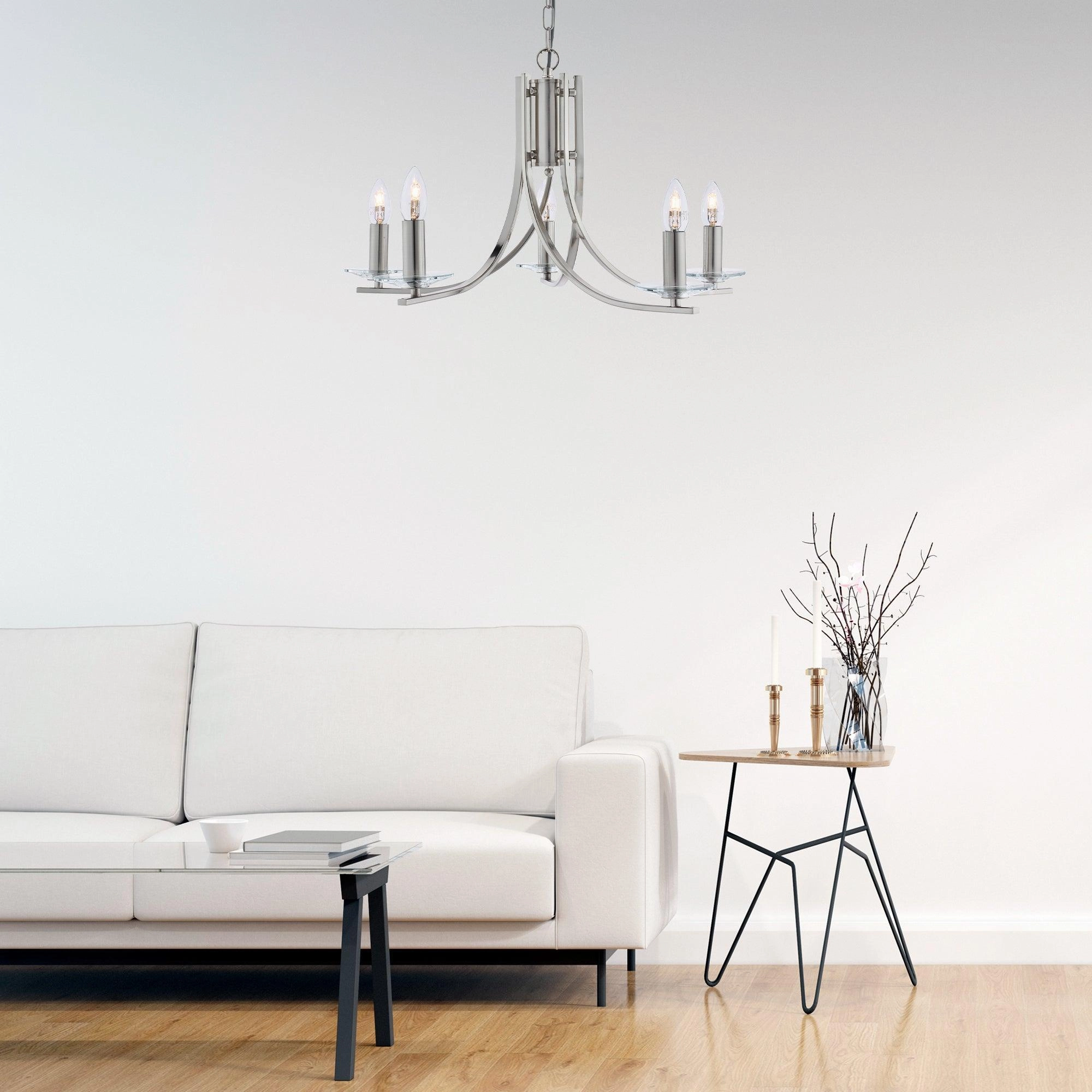 Ascona 5 Light Satin Silver Chandelier With Glass Sconces