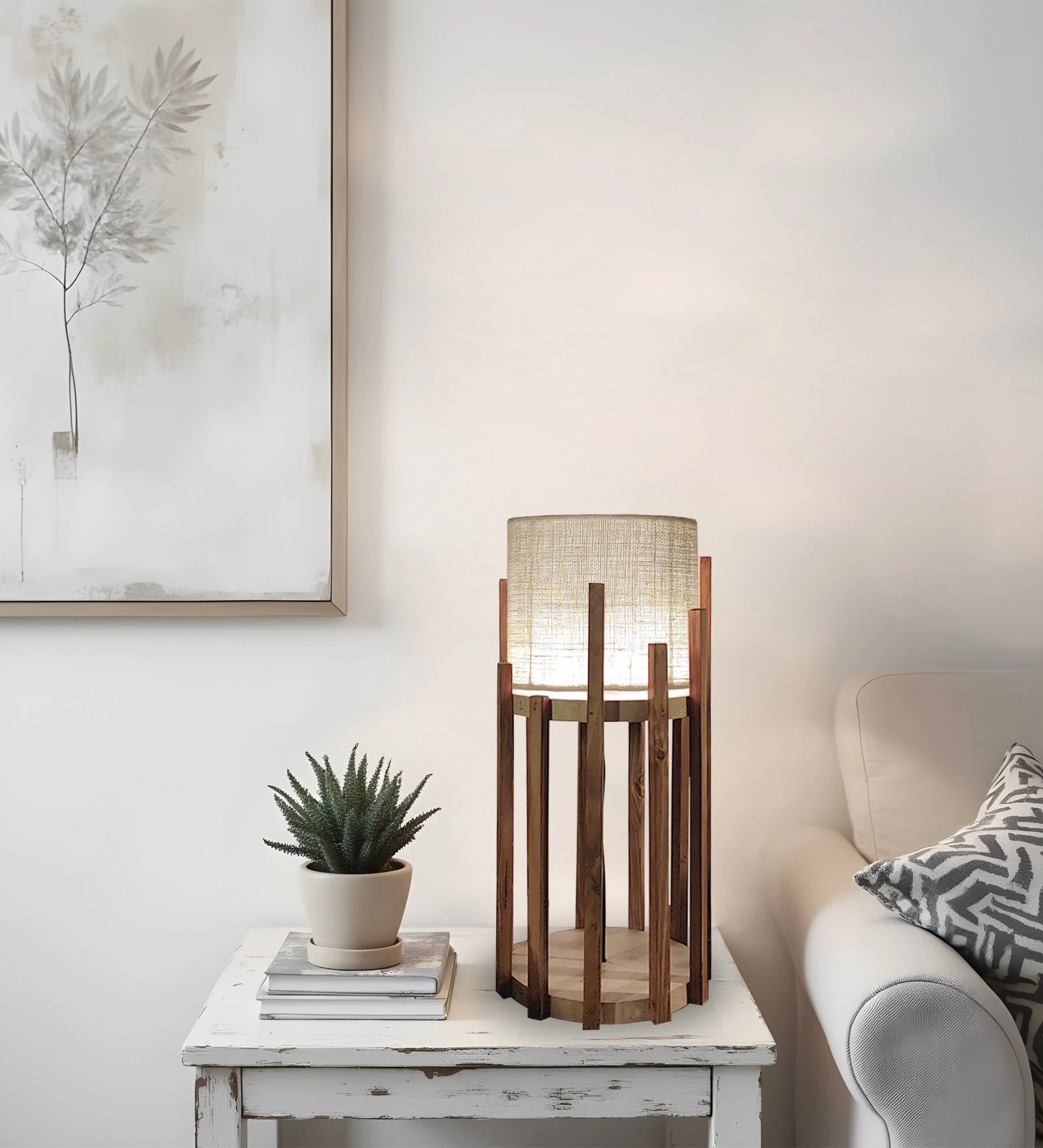 Bastian Wooden Table Lamp with Brown Base and Premium White Fabric Lampshade (BULB NOT INCLUDED)