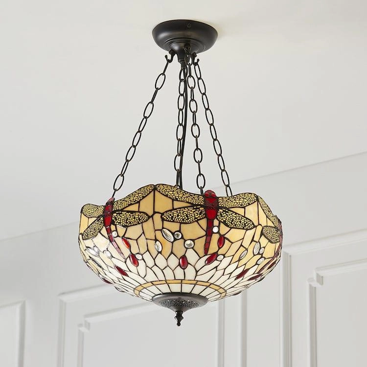 Beige Dragonfly Inverted Tiffany Ceiling Light