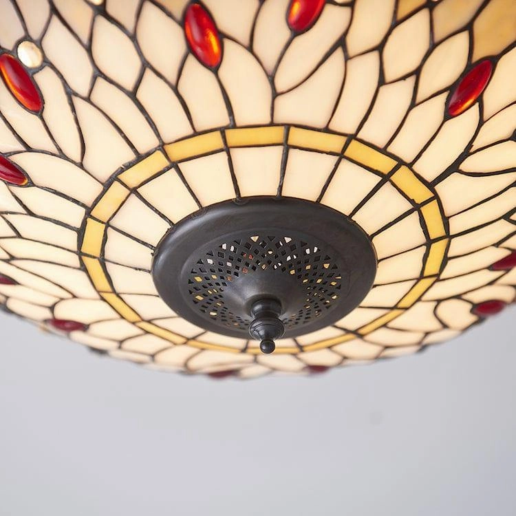 Beige Dragonfly Medium Flush Tiffany Ceiling Light