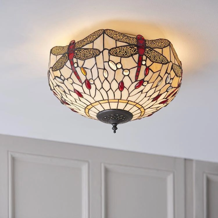 Beige Dragonfly Medium Flush Tiffany Ceiling Light recessed ceiling spot lamp