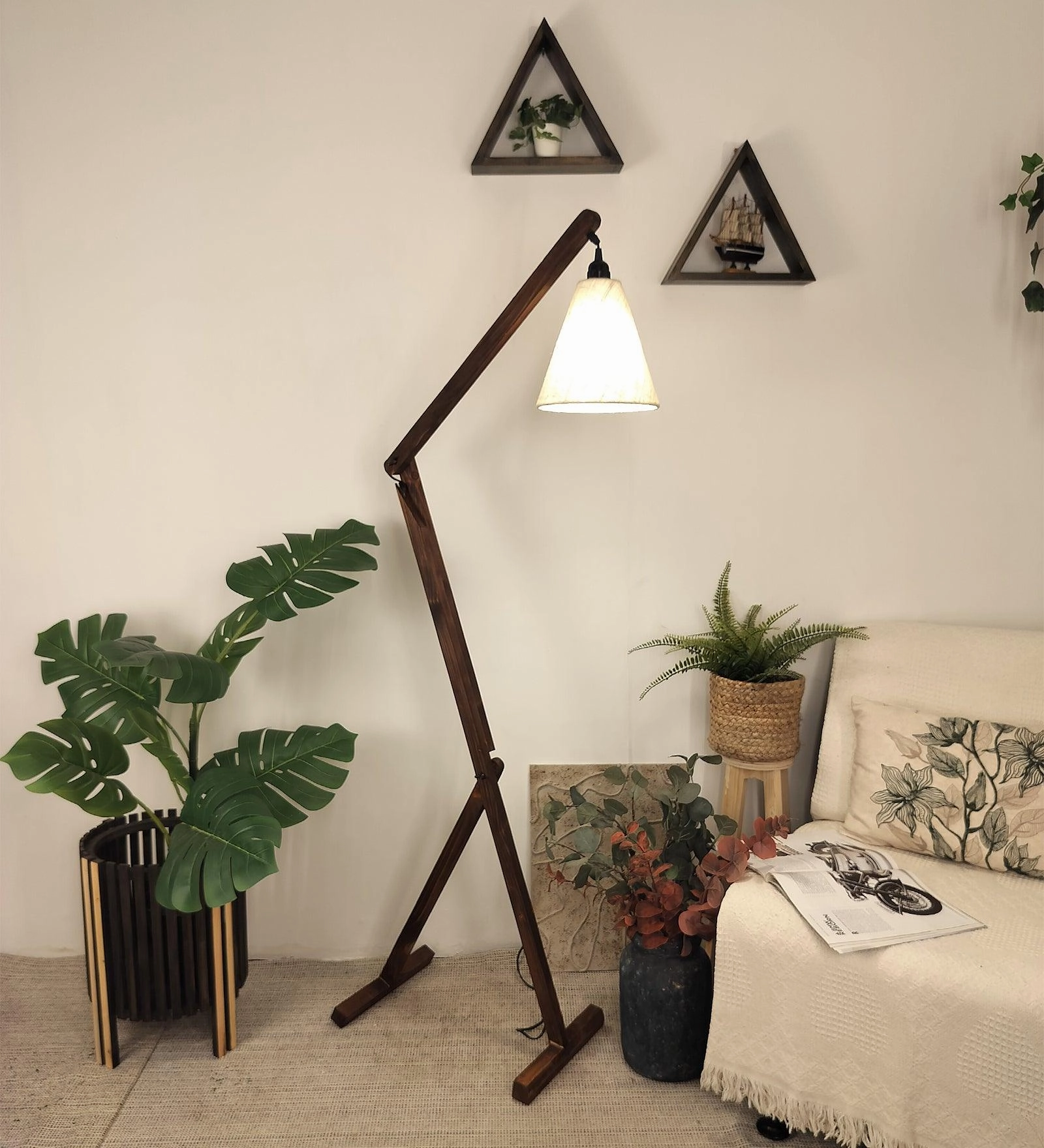 Benji Wooden Floor Lamp with Brown Base and Beige Fabric Lampshade (BULB NOT INCLUDED) creative lampshade design
