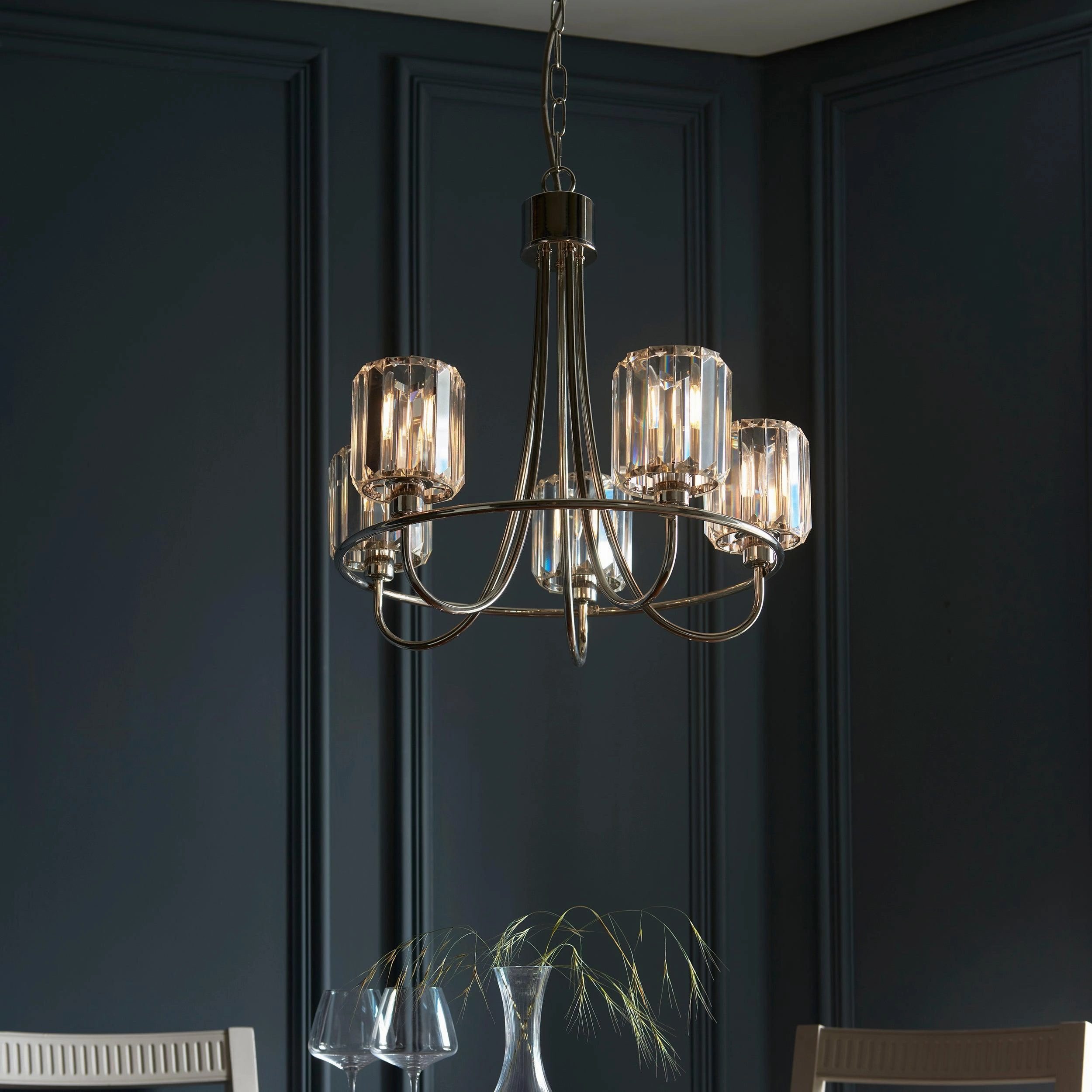 Berenice 5 Light Nickel Pendant - Clear Cut Glass Shades sleek LED ceiling lamp