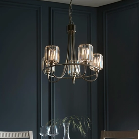 Berenice 5 Light Nickel Pendant - Clear Cut Glass Shades sleek LED ceiling lamp