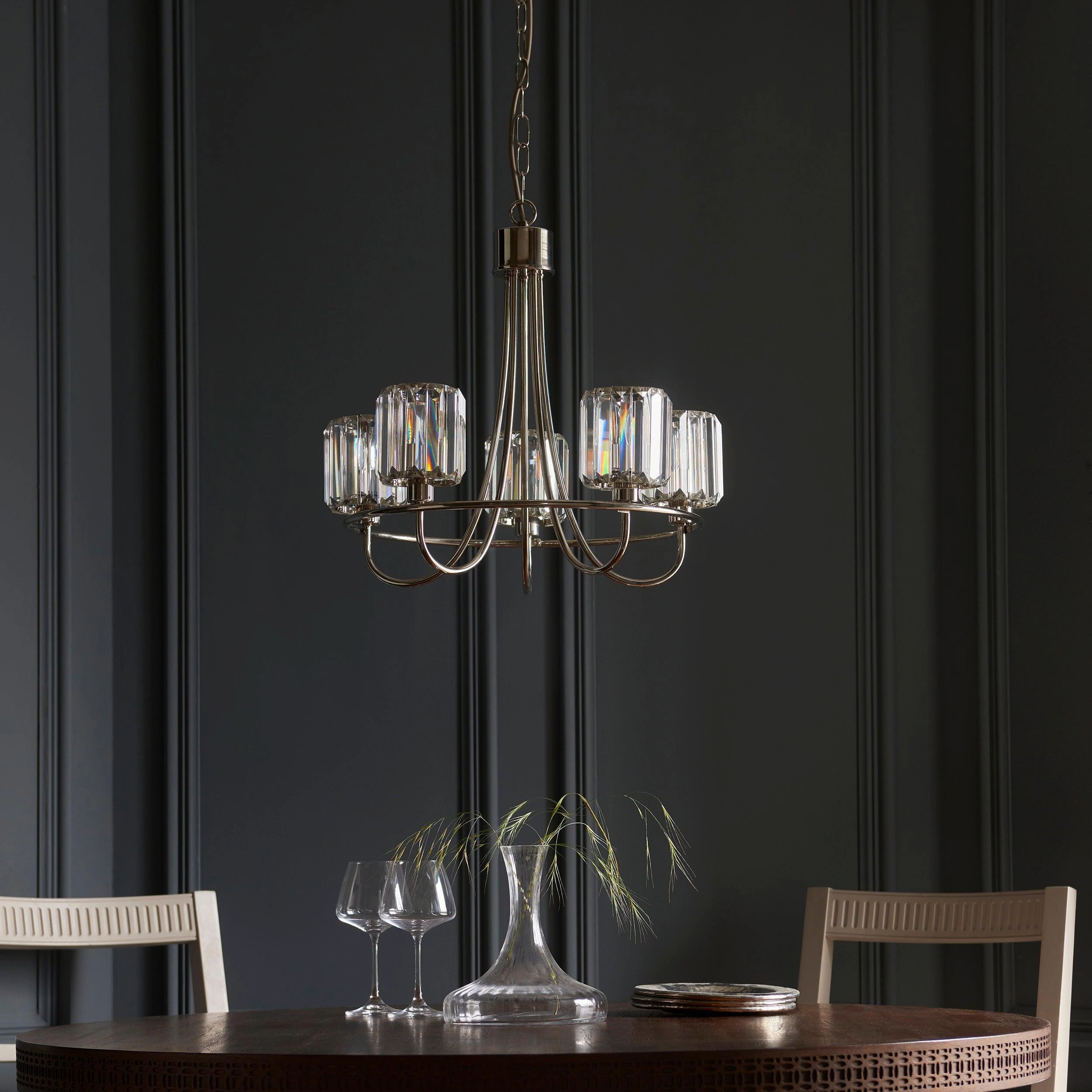 Berenice 5 Light Nickel Pendant - Clear Cut Glass Shades