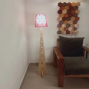 Bevel Wooden Floor Lamp with Beige Base and Red Printed Fabric Lampshade creative lampshade design