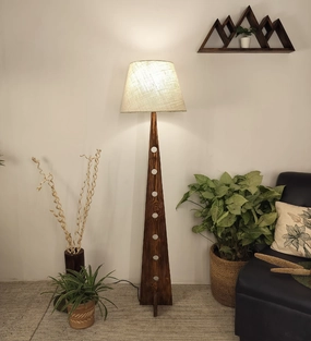 Bevel Wooden Floor Lamp with Brown Base and Yellow Printed Fabric Lampshade creative lampshade design