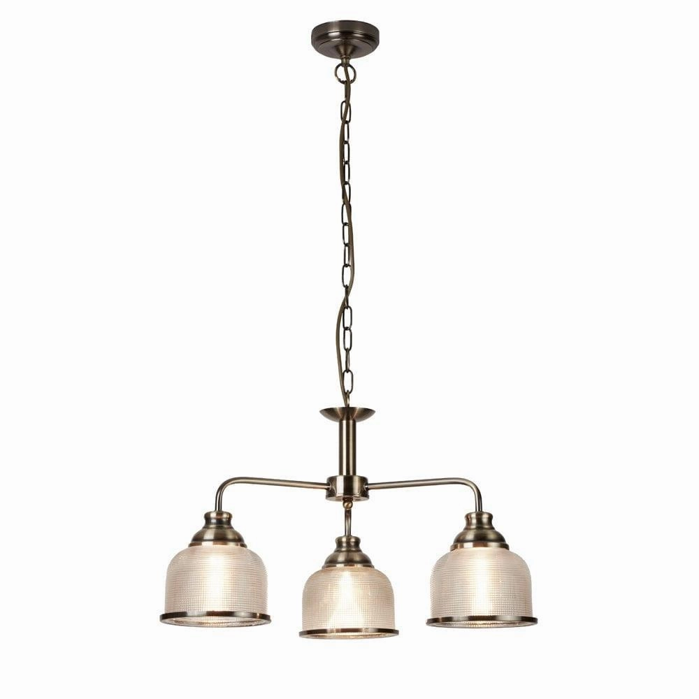 Bistro II 3 Light Brass Pendant - Holophane Glass Shades white ceiling lamp