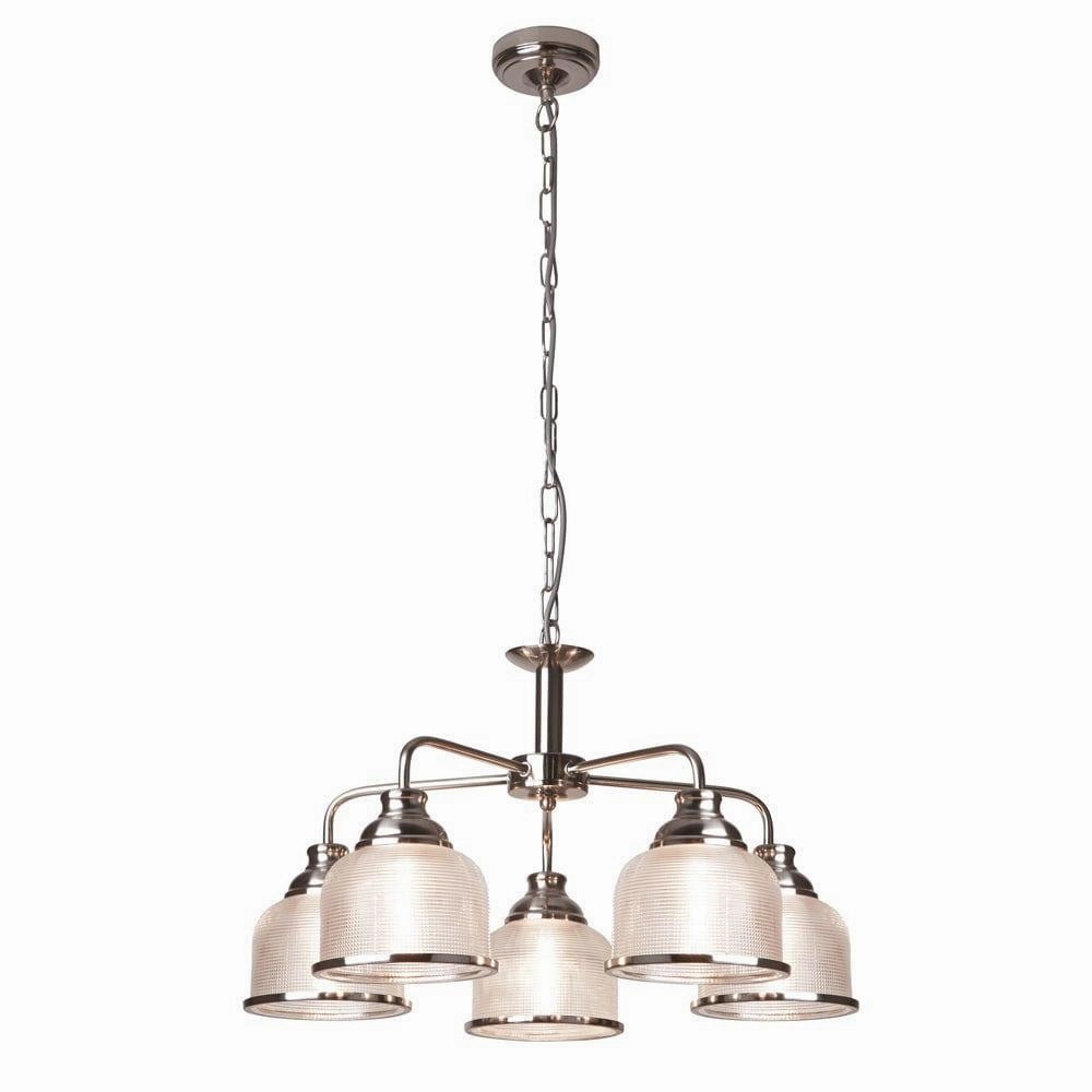 Bistro II 5 Light Silver Pendant - Holophane Glass Shades white ceiling lamp