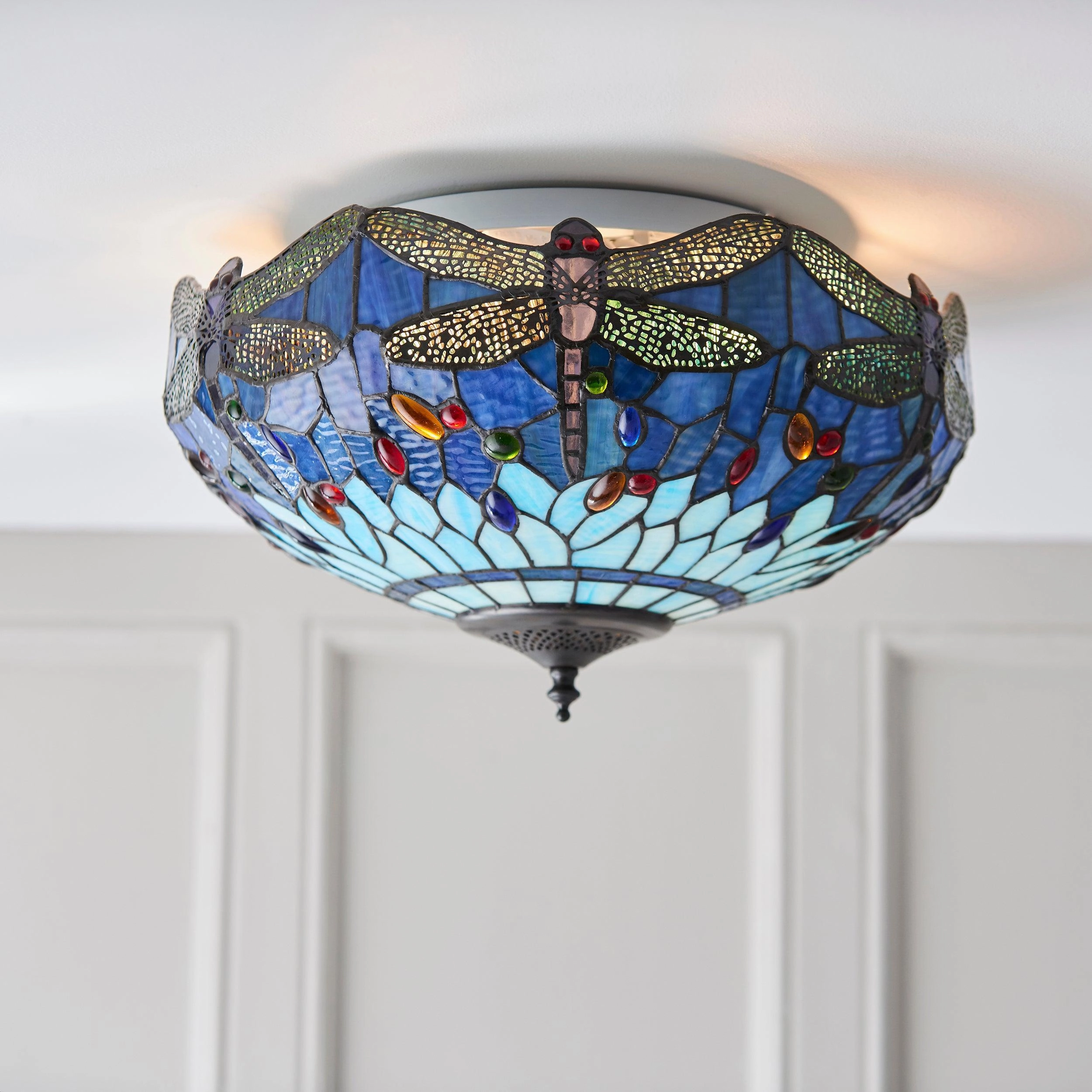 Blue Dragonfly Large Tiffany Flush Ceiling Light