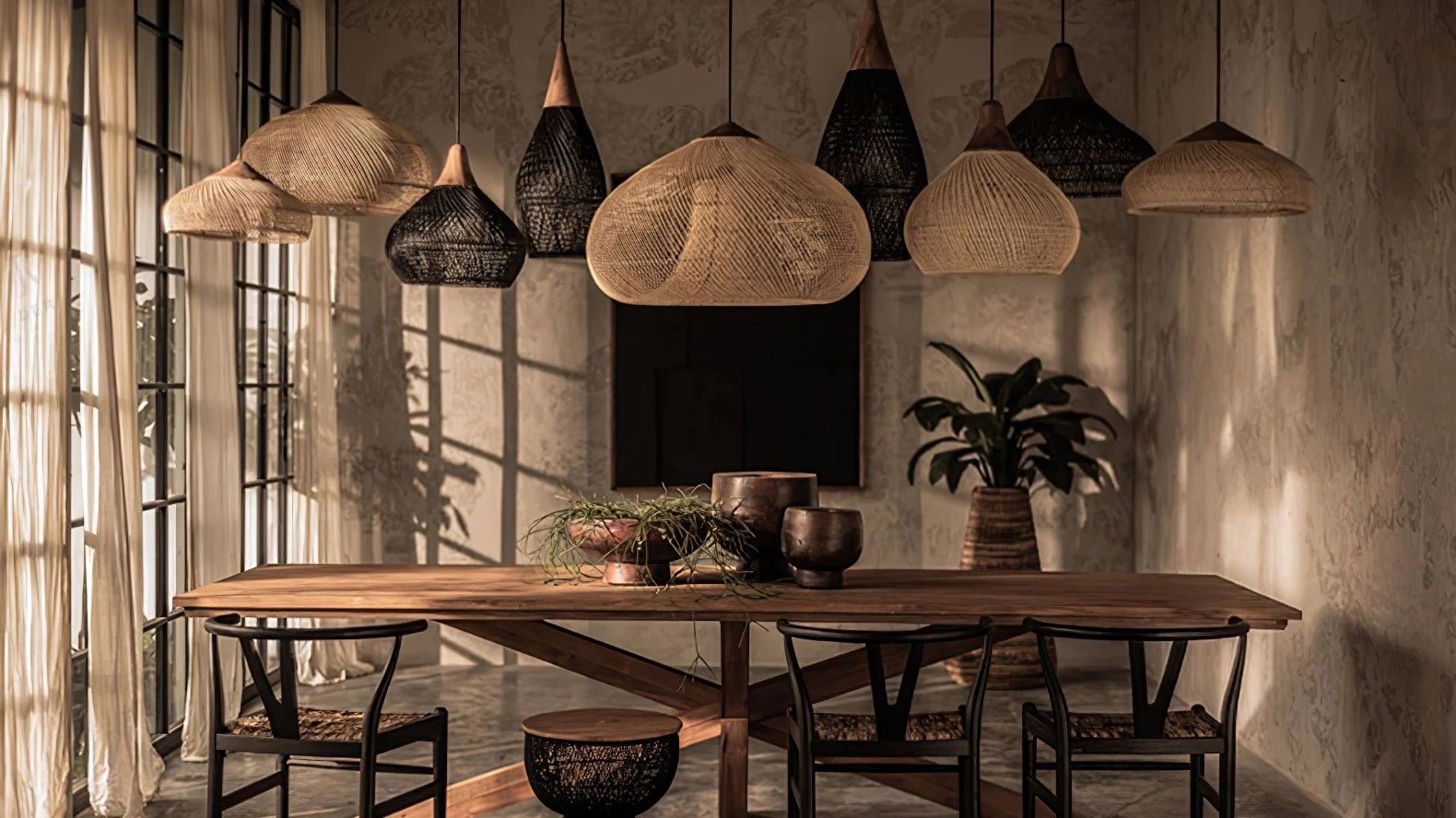 Braided Rattan Swag Pendant Lamp