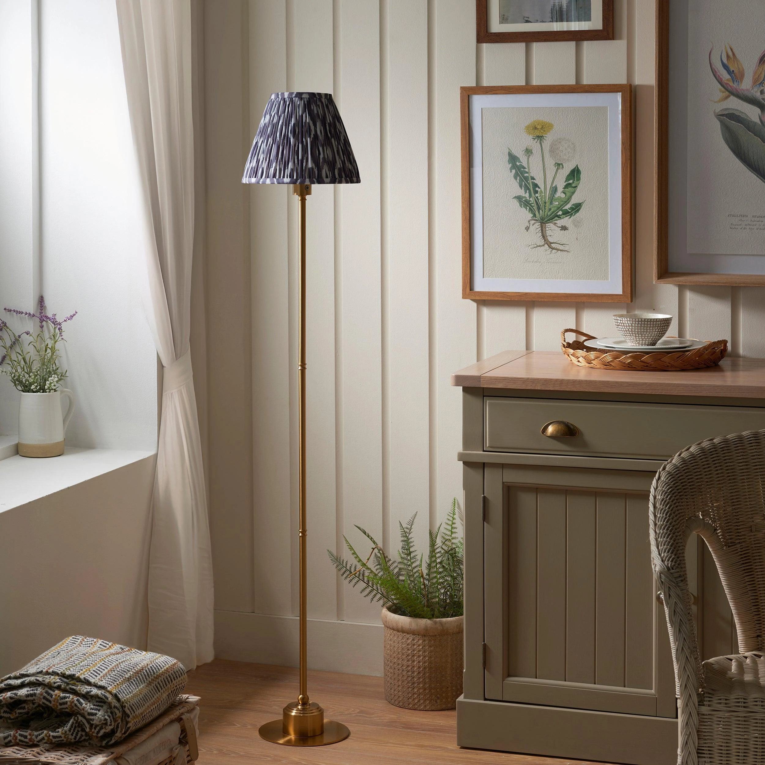 Burley Rechargeable Brass Floor Lamp & Ikat 25cm Pearl Grey Shade