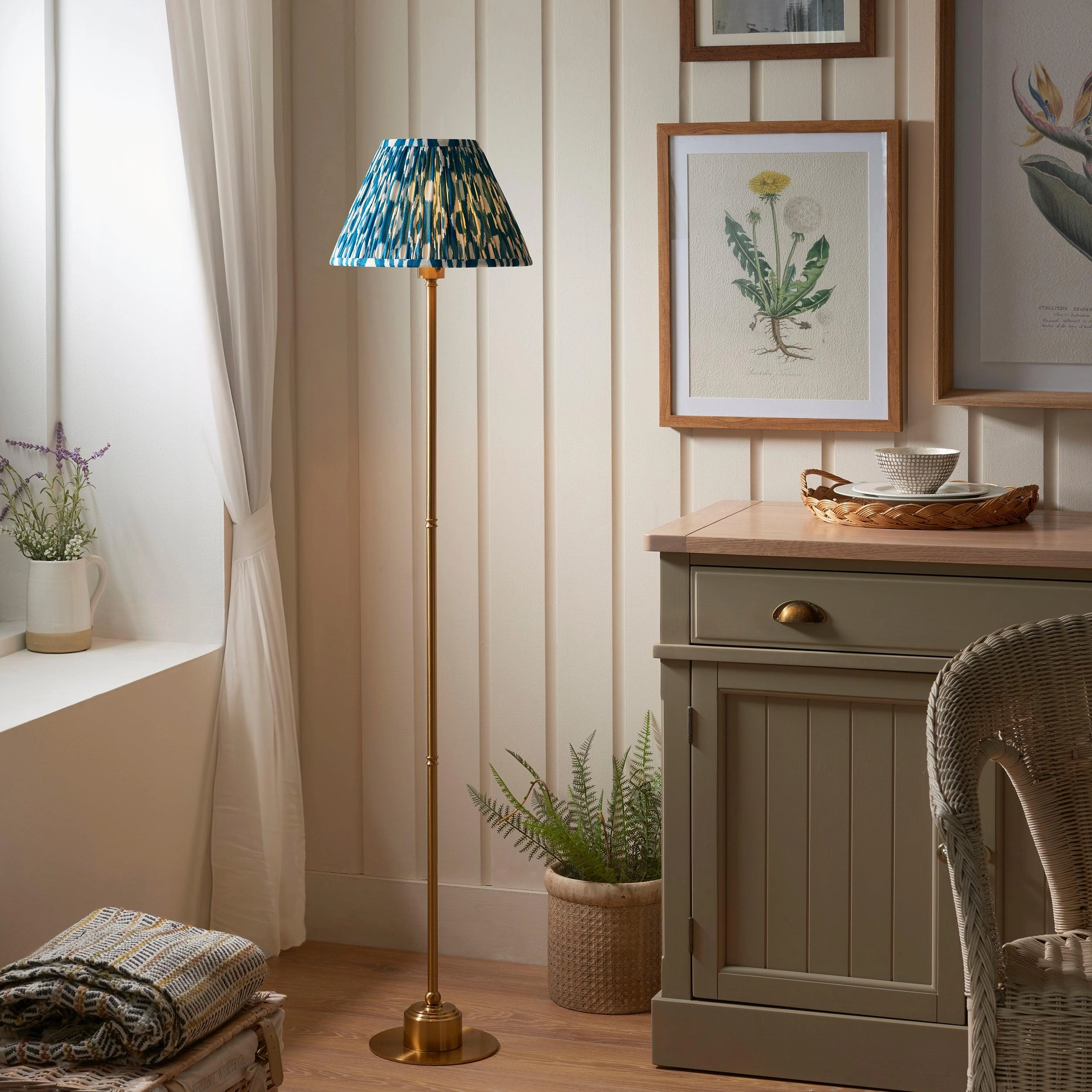 Burley Rechargeable Brass Floor Lamp & Ikat 30cm Marlin Blue Shade ceramic table lamp