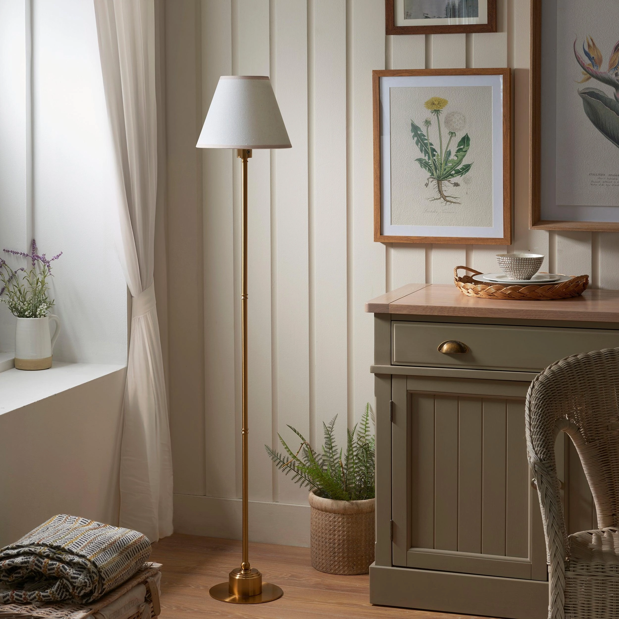 Burley Rechargeable Brass Floor Lamp & Ivy 25cm Vintage White Shade