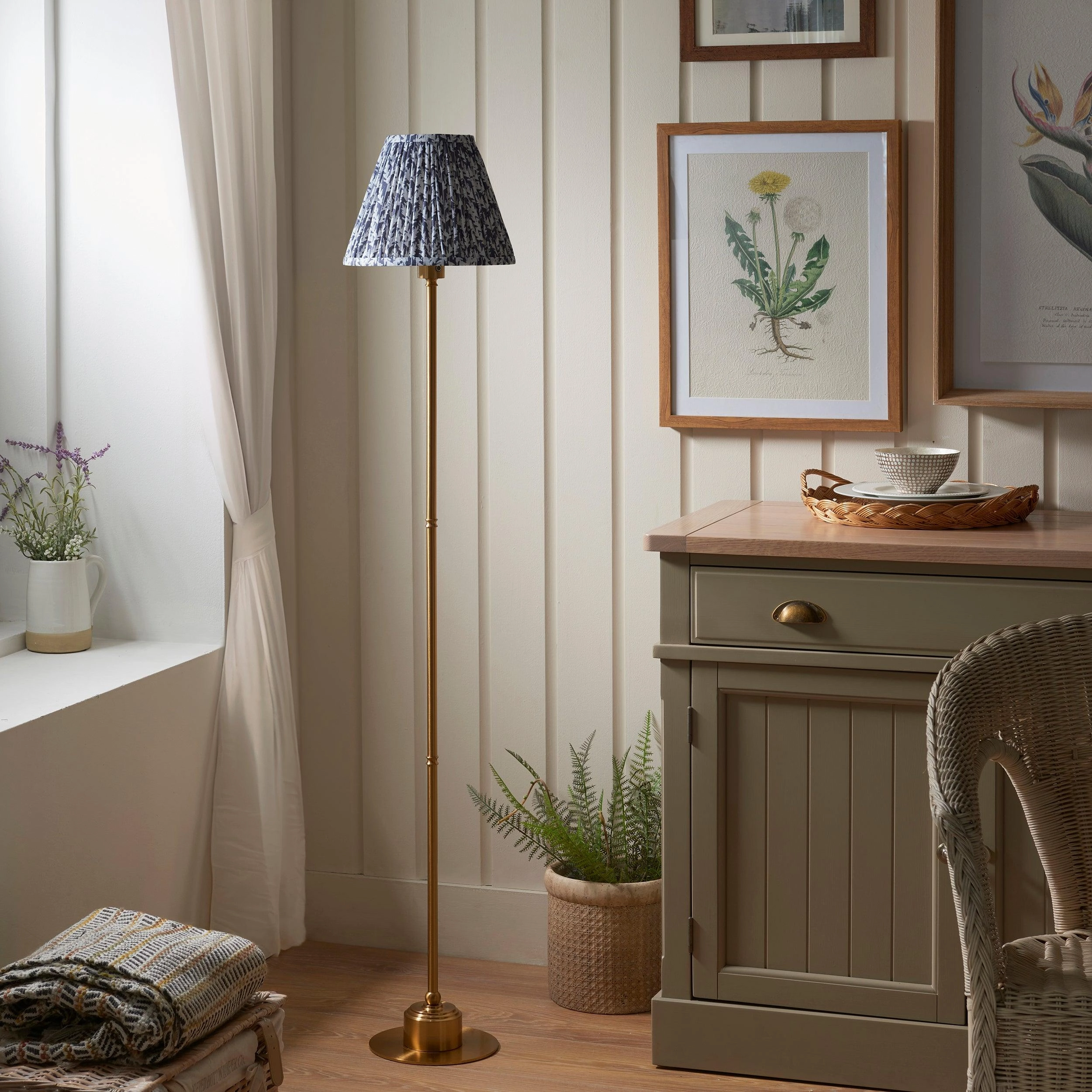 Burley Rechargeable Brass Floor Lamp & Leaf 25cm Pearl Grey Shade
