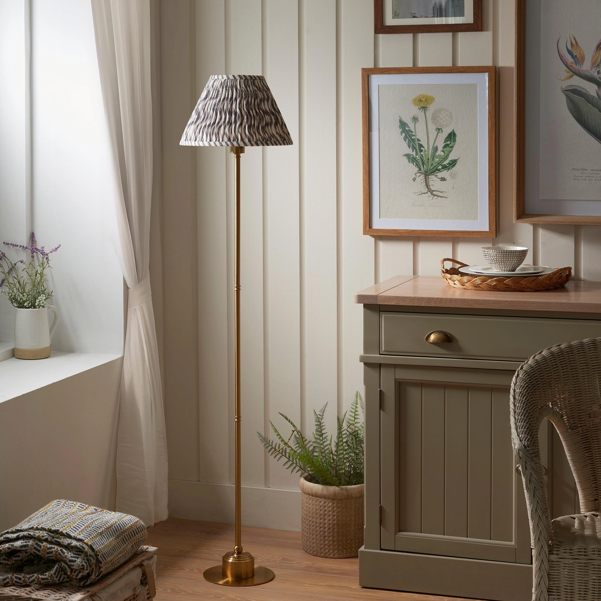 Burley Rechargeable Brass Floor Lamp & Ripple 30cm Pearl Grey Shade