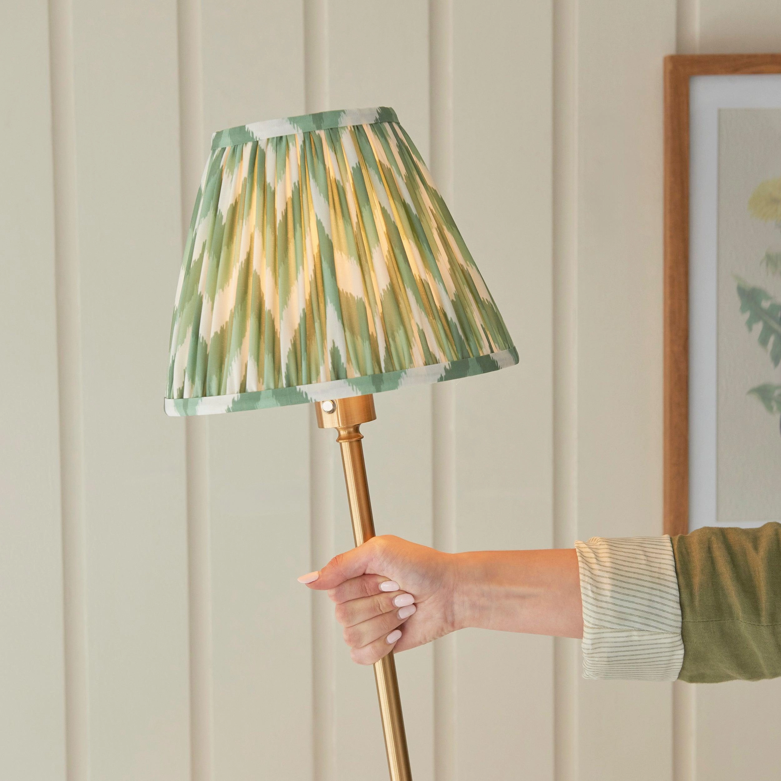 Burley Rechargeable Brass Floor Lamp & Zigzag 25cm Cotswold Green Shade