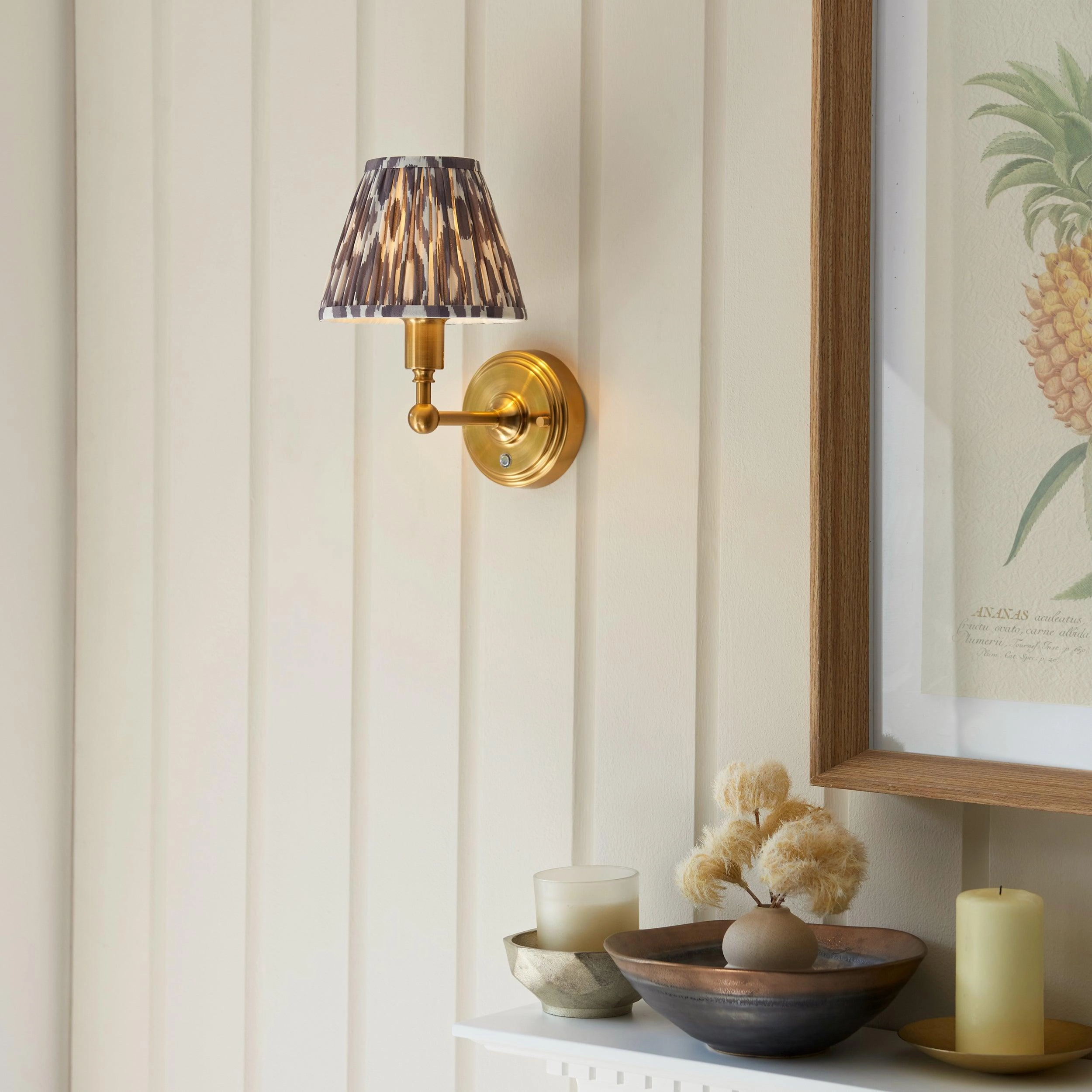 Burley Rechargeable Brass Wall Light & Ikat 16cm Pearl Grey Shade ceramic table lamp