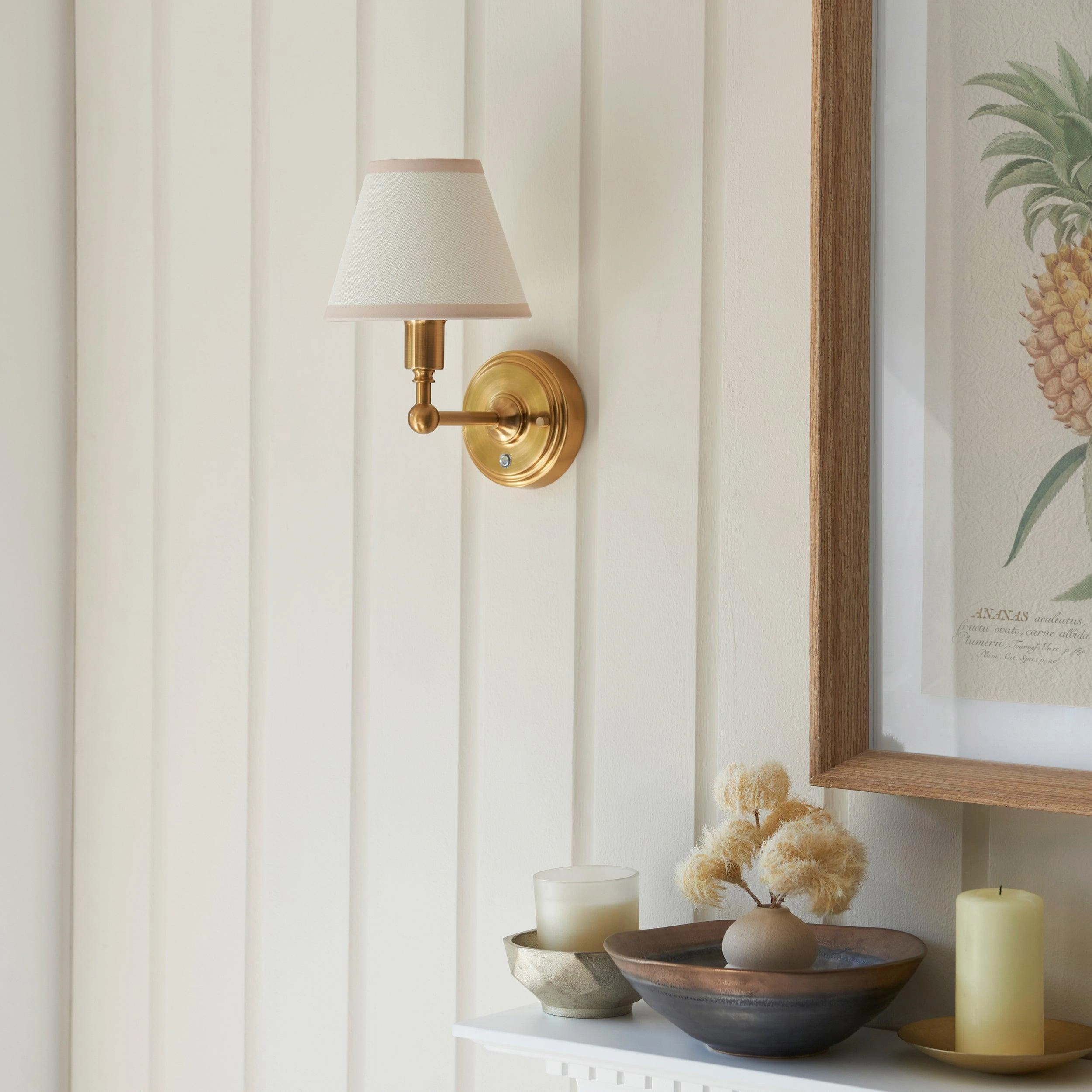 Burley Rechargeable Brass Wall Light & Ivy 16cm Vintage white Shade