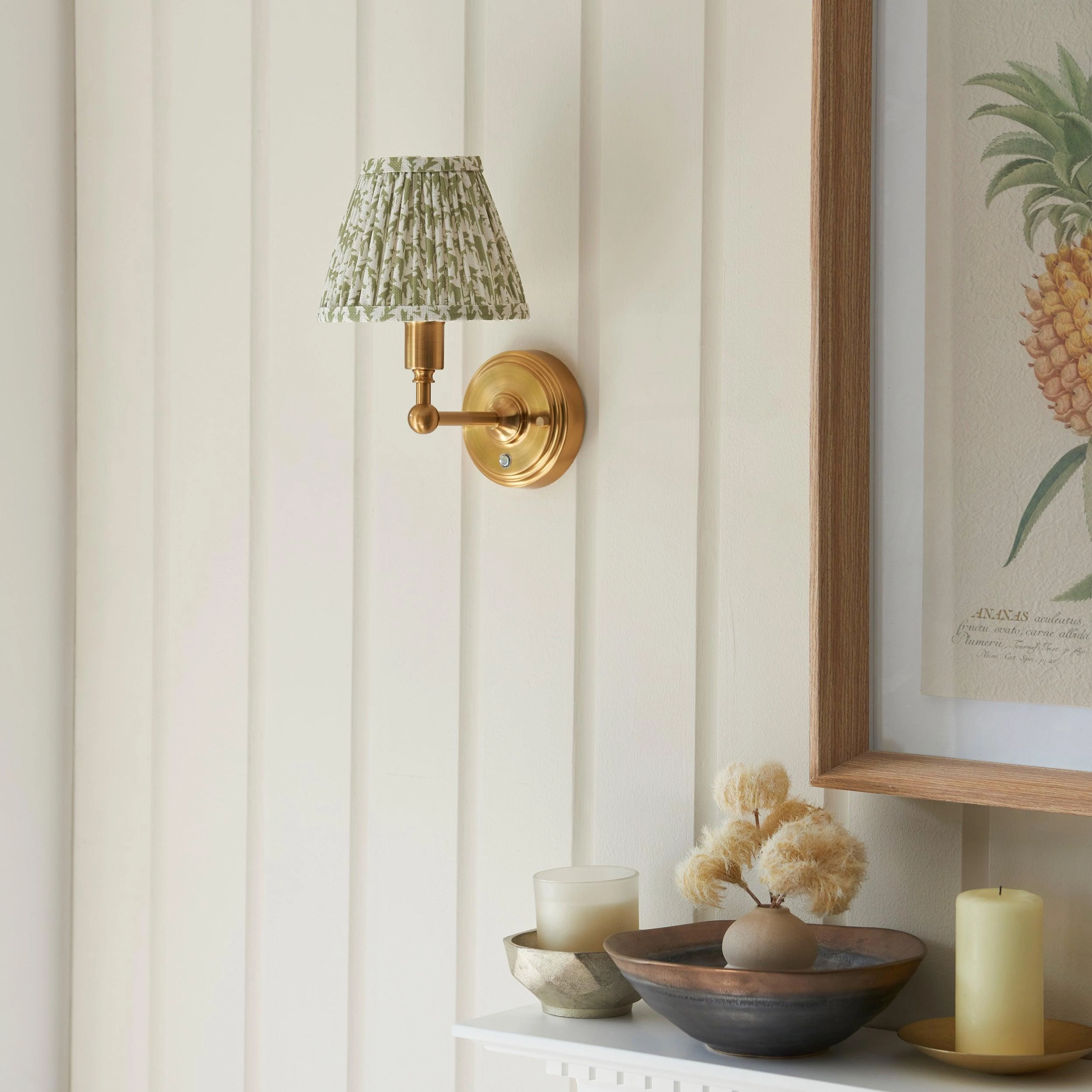 Burley Rechargeable Brass Wall Light & Leaf 16cm Herb Garden Green Shade