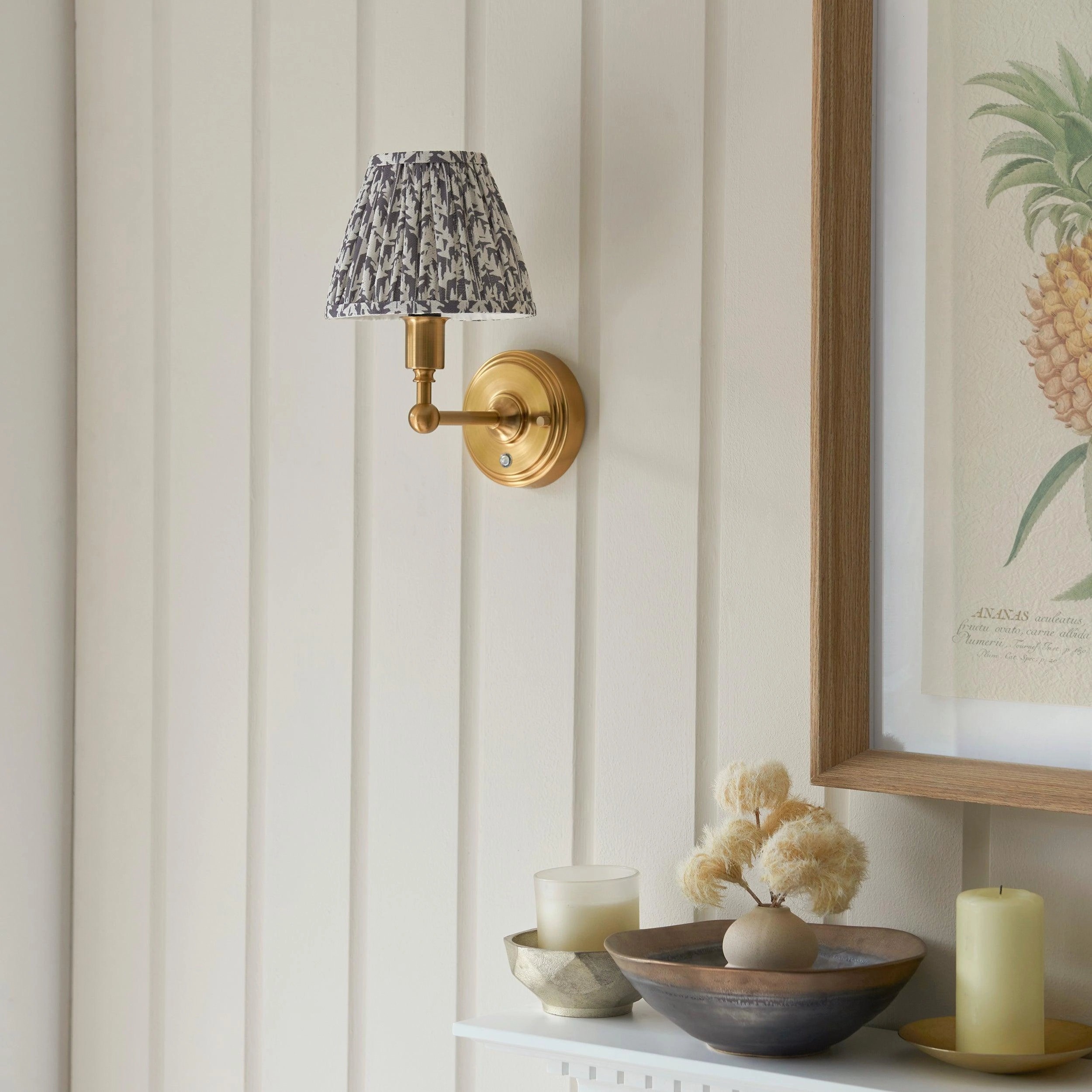 Burley Rechargeable Brass Wall Light & Leaf 16cm Pearl Grey Shade