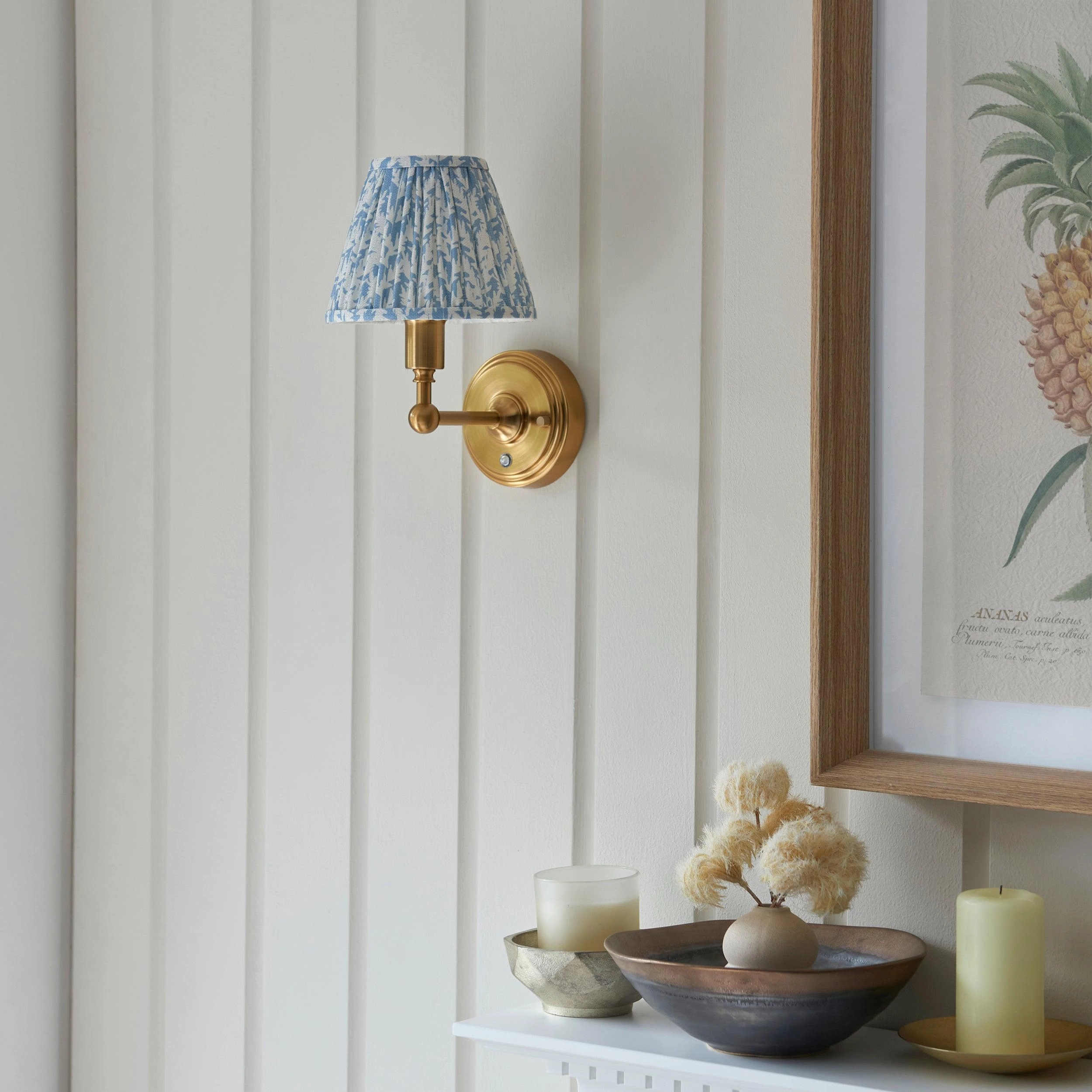 Burley Rechargeable Brass Wall Light & Leaf 16cm Shell Bay Blue Shade