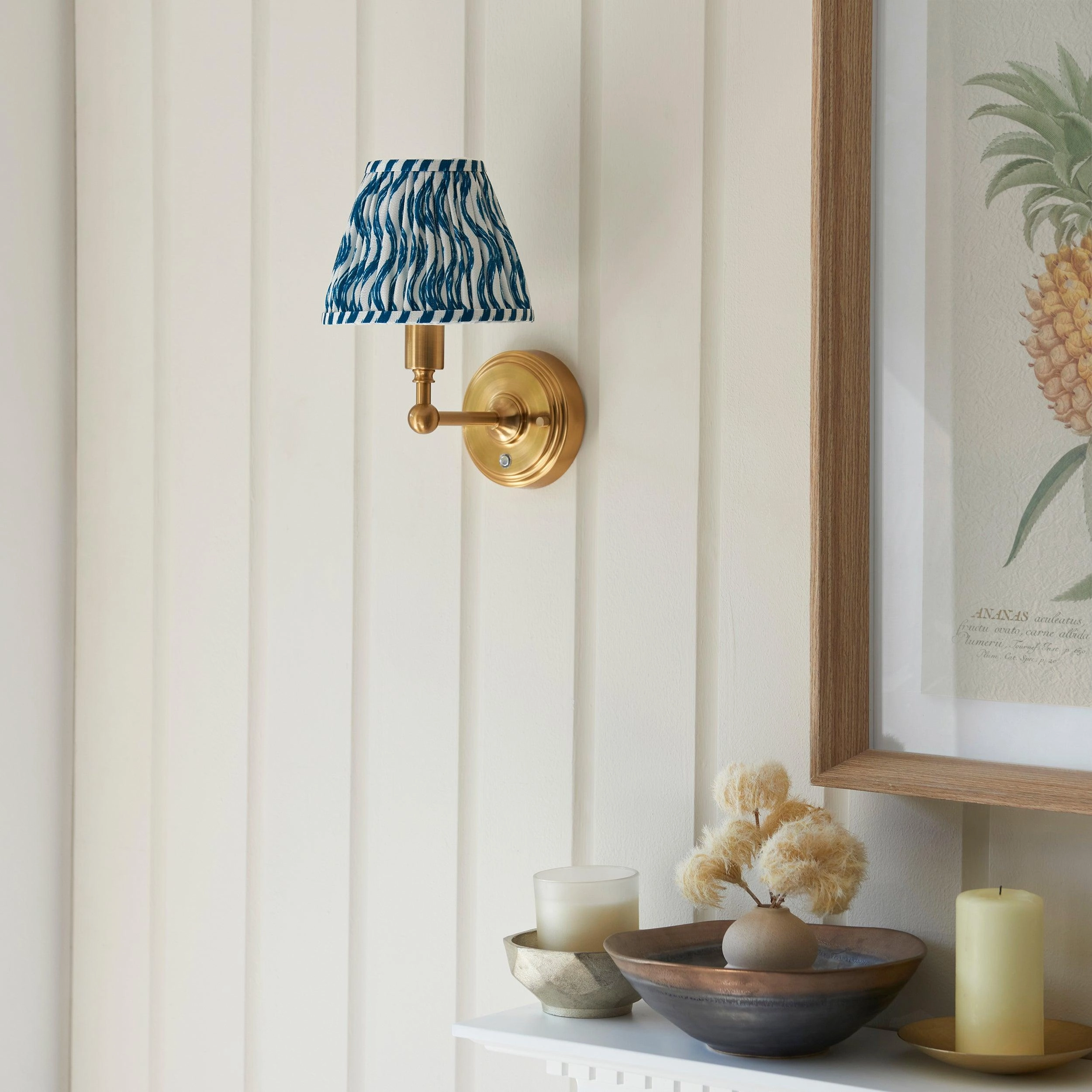 Burley Rechargeable Brass Wall Light & Ripple 16cm Marlin Blue Shade