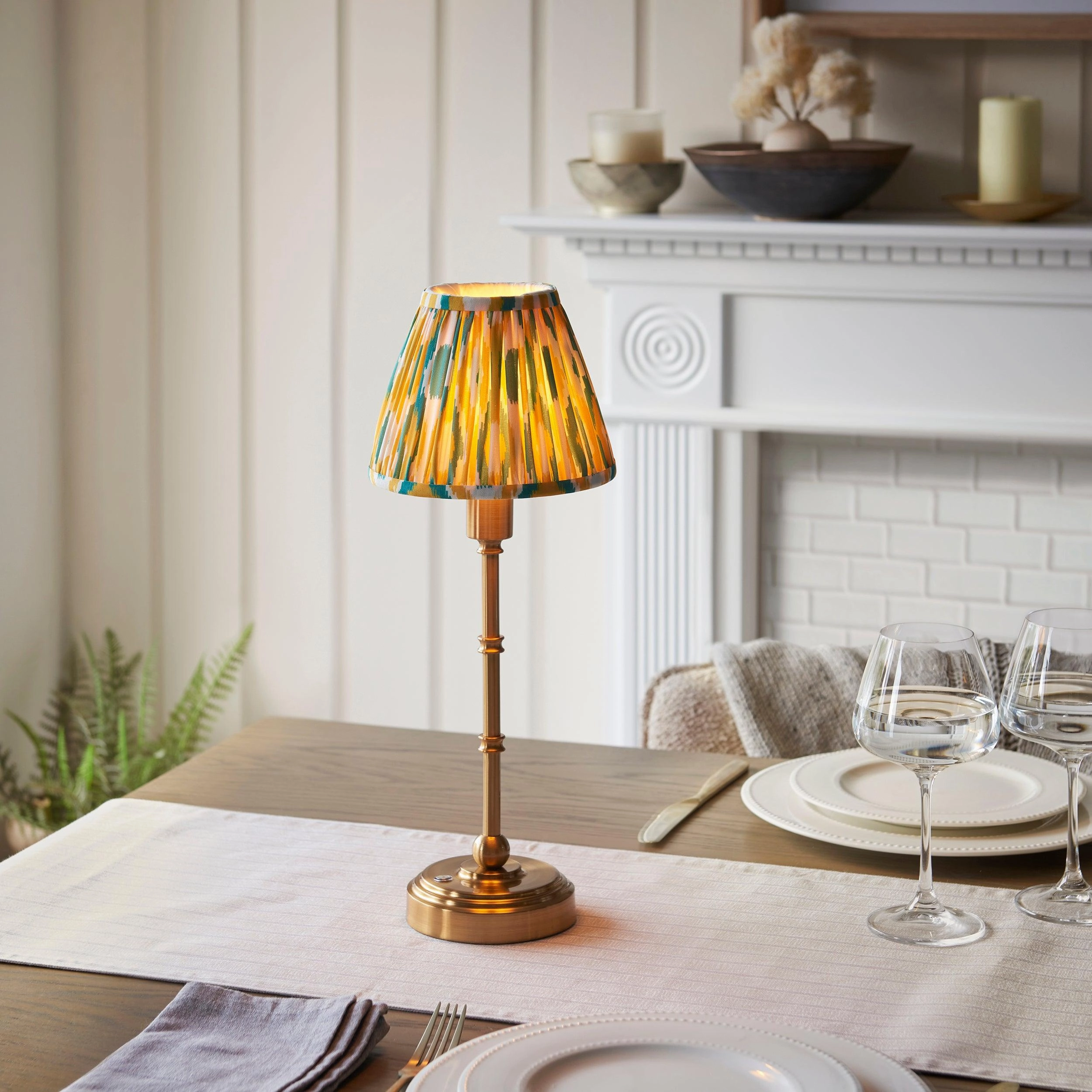 Burley Rechargeable Table Lamp & Ikat 16cm Yellow & Jade Shade ceramic table lamp