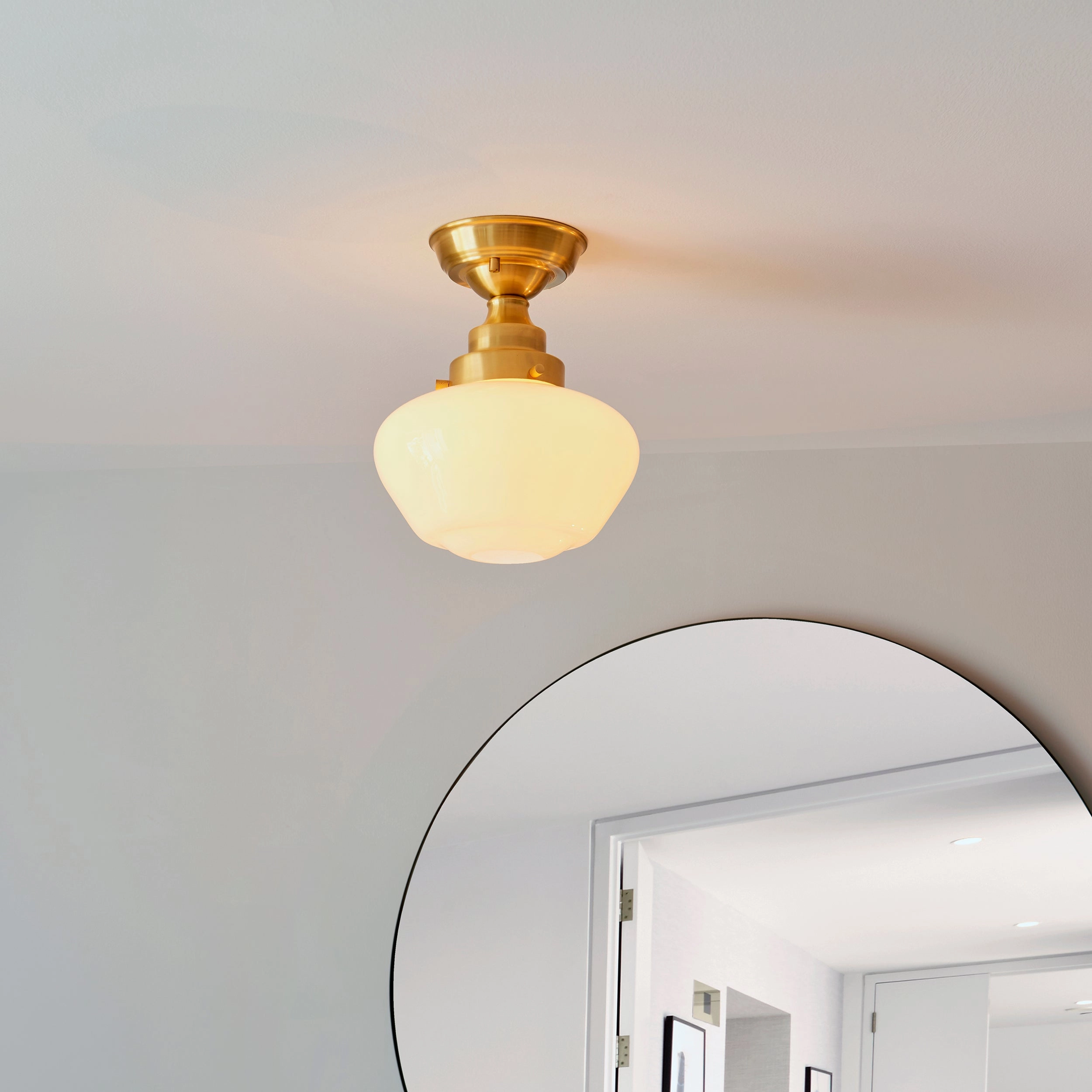 Camberley Brass & Opal Glass School House Semi Flush Ceiling Light