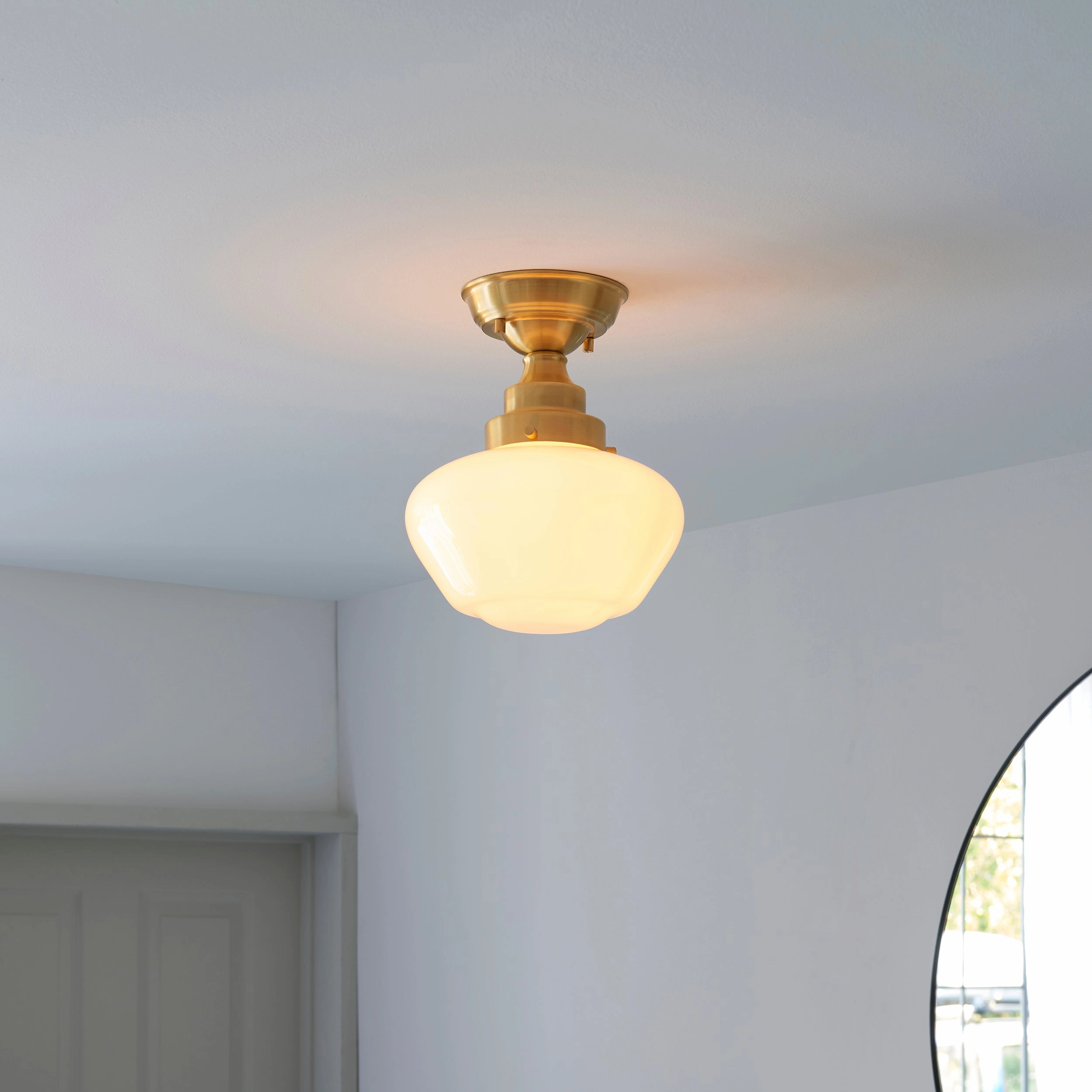 Camberley Brass & Opal Glass School House Semi Flush Ceiling Light