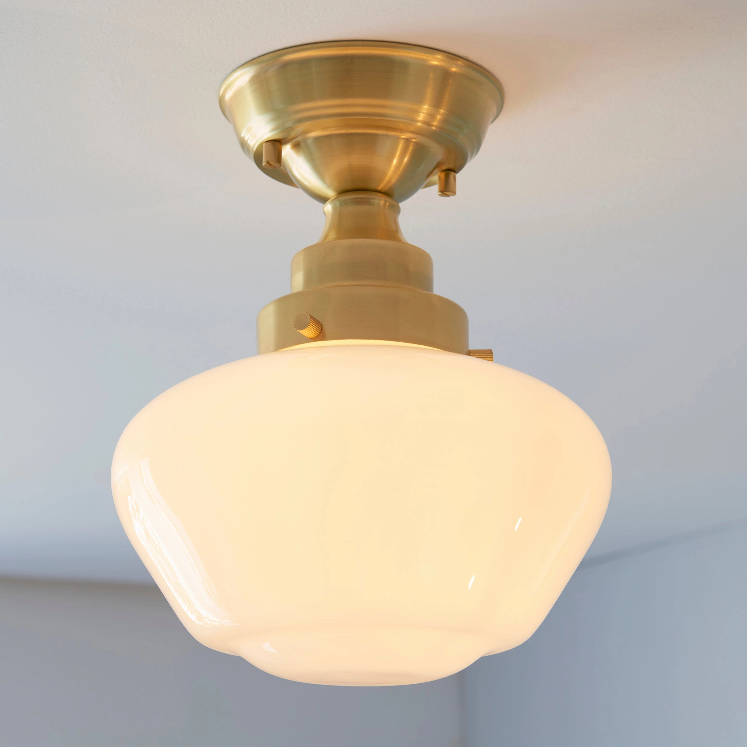 Camberley Brass & Opal Glass School House Semi Flush Ceiling Light