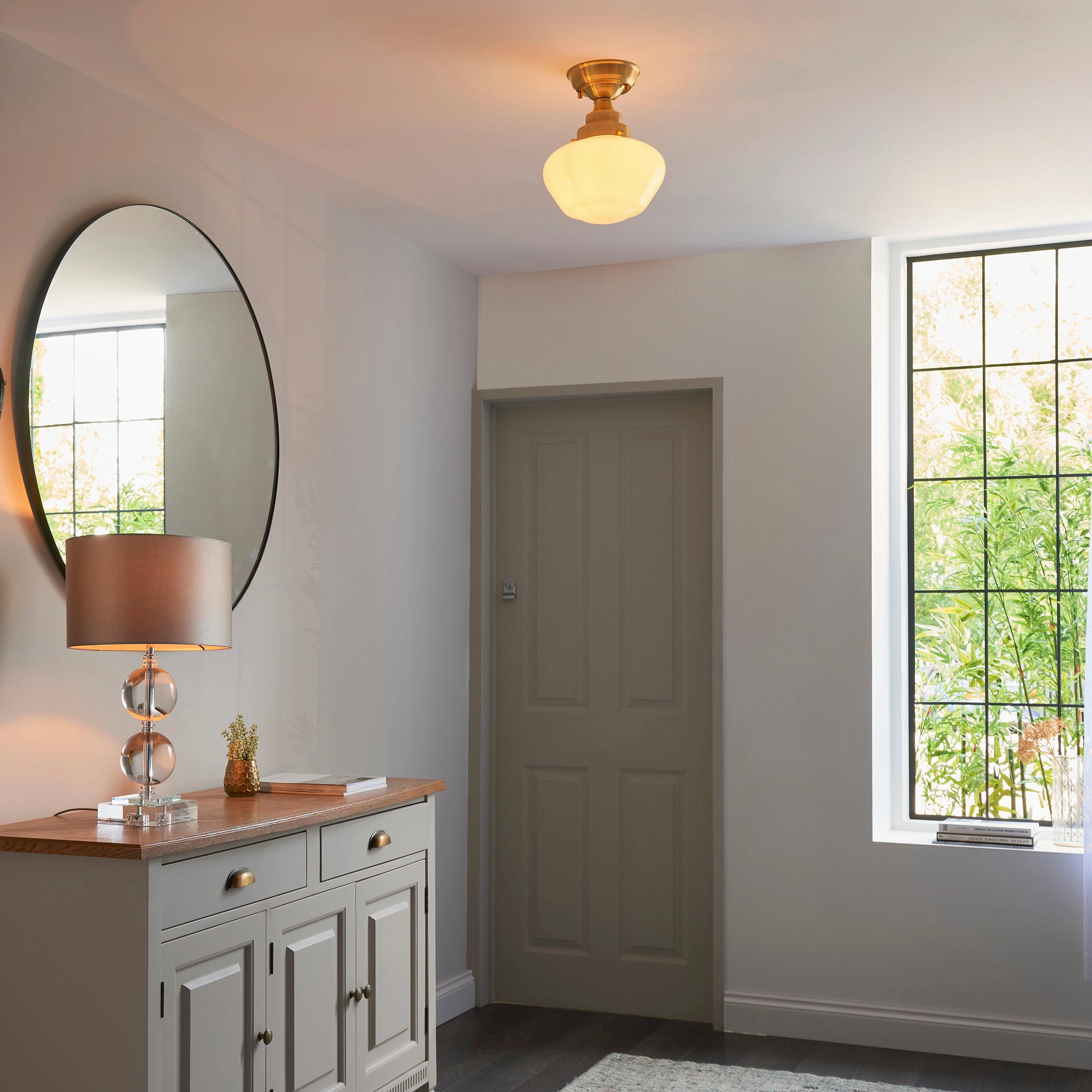 Camberley Brass & Opal Glass School House Semi Flush Ceiling Light soft glow ceiling light