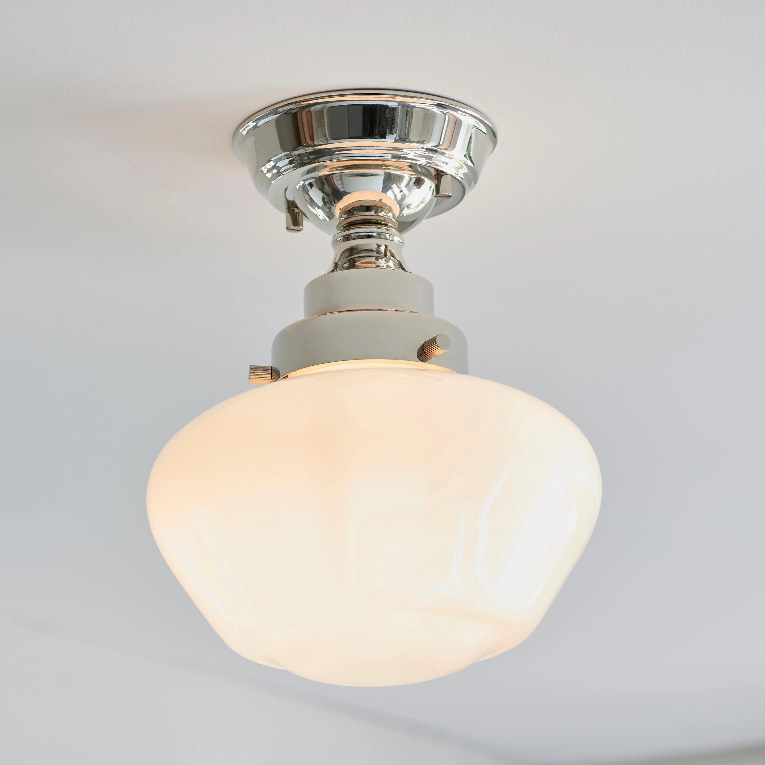 Camberley Semi-Flush School House Chrome Pendant With Opal Glass