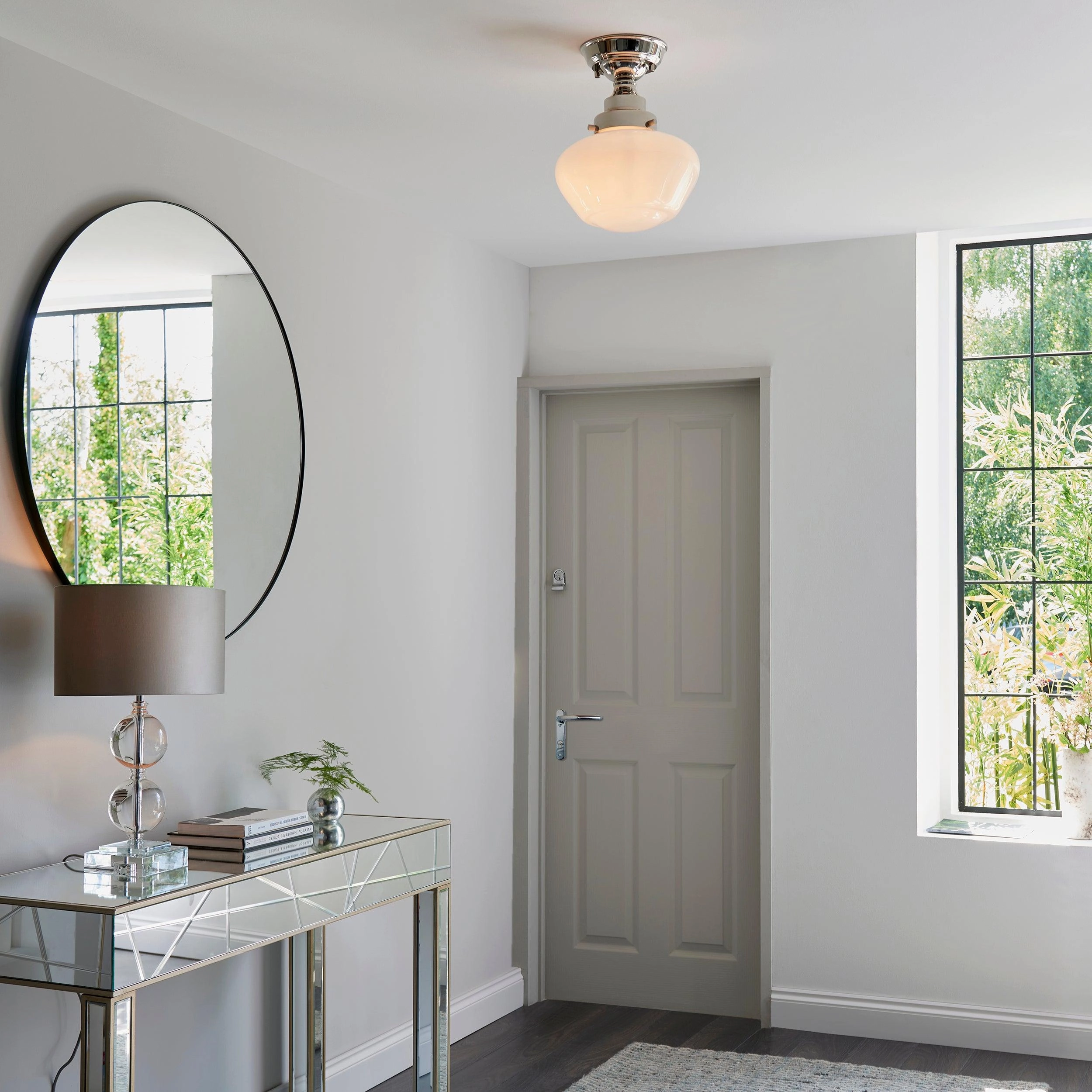 Camberley Semi-Flush School House Chrome Pendant With Opal Glass white ceiling lamp