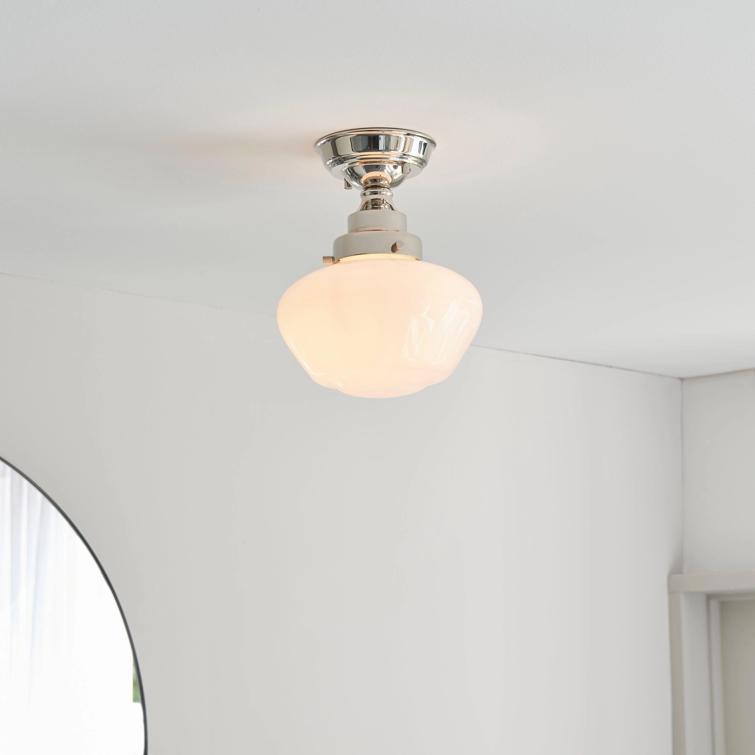 Camberley Semi-Flush School House Chrome Pendant With Opal Glass