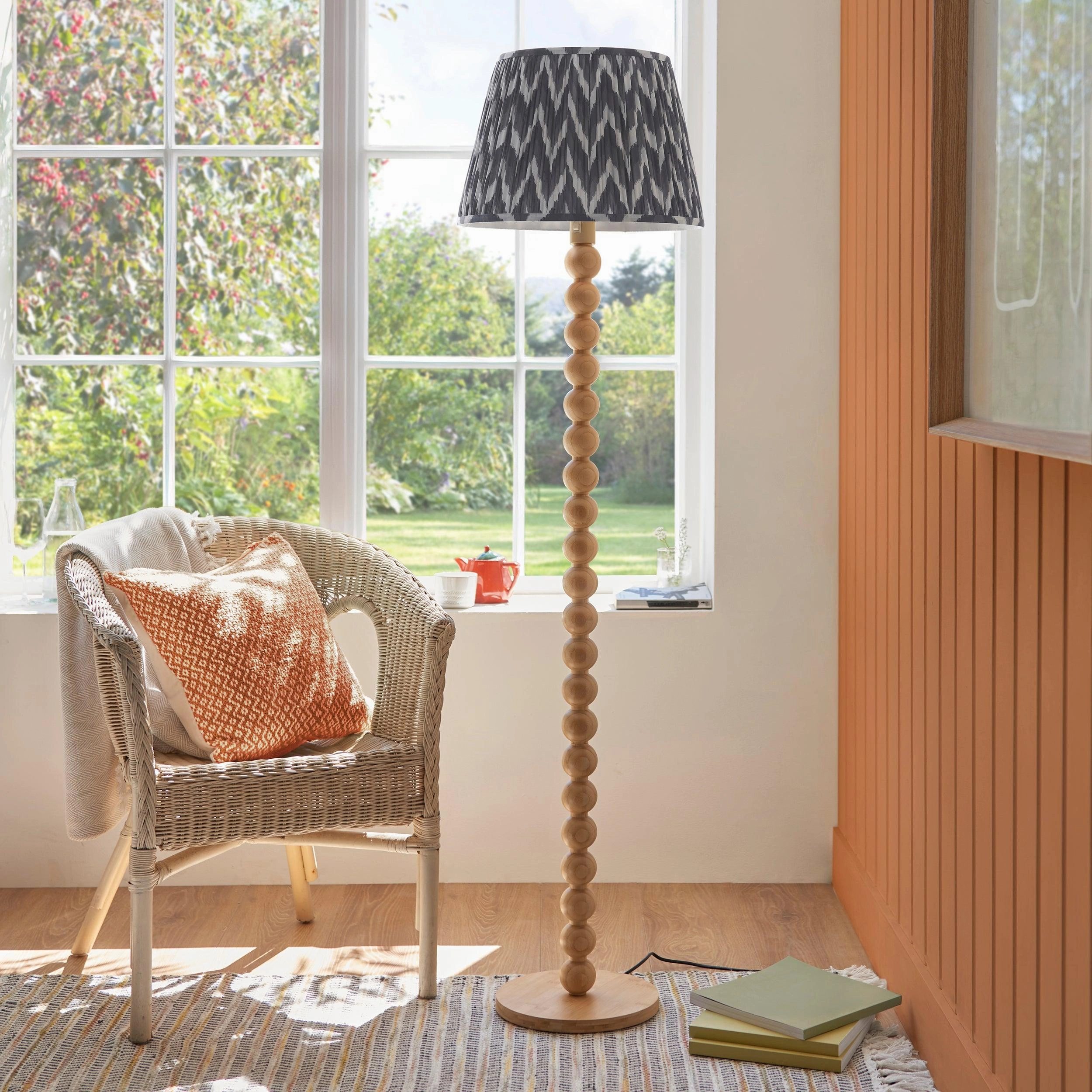 Cane Bamboo Floor Lamp & Zigzag 40cm Pearl Grey Shade