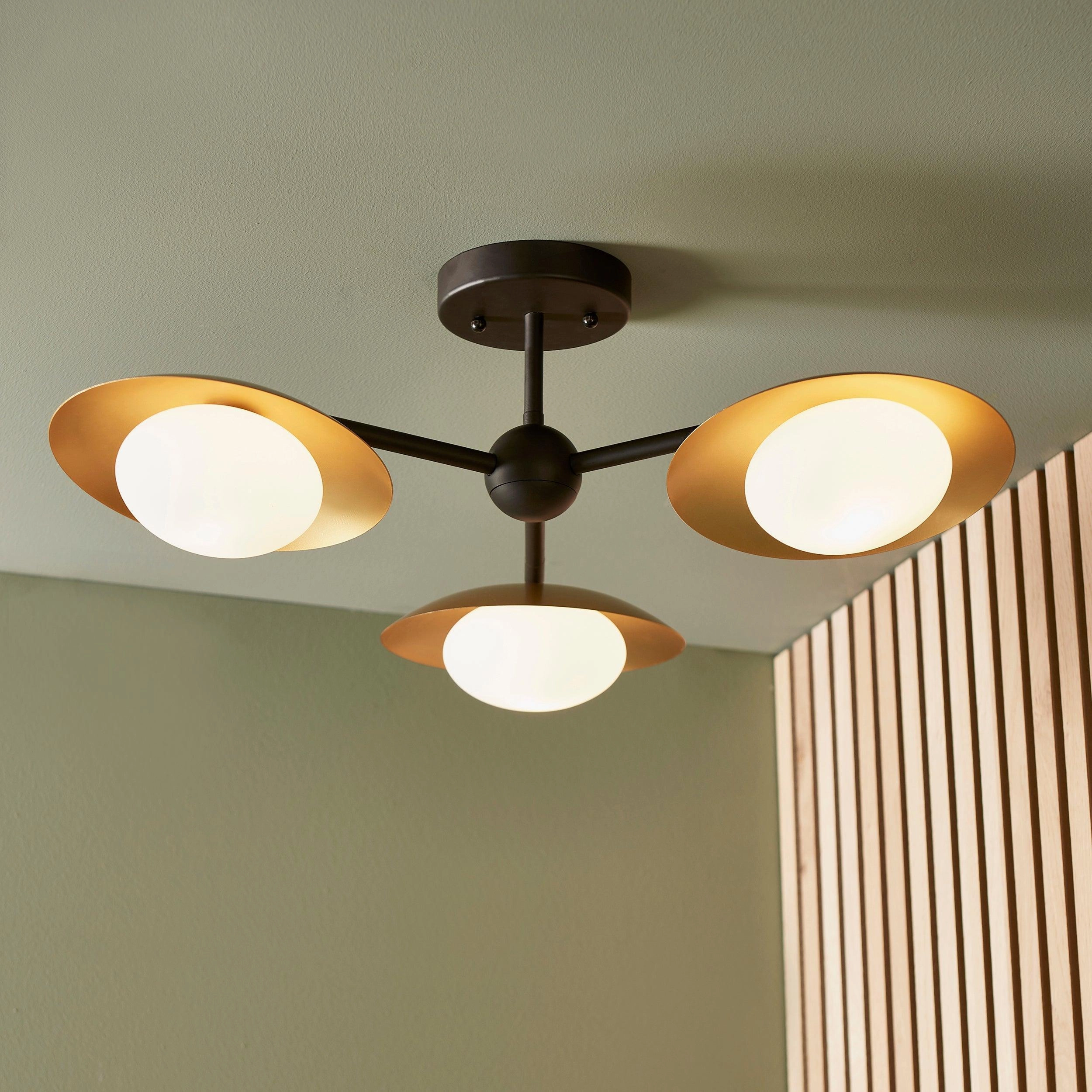 Carlton 3 Light Black & Gold Semi Flush - Opal Glass Shades