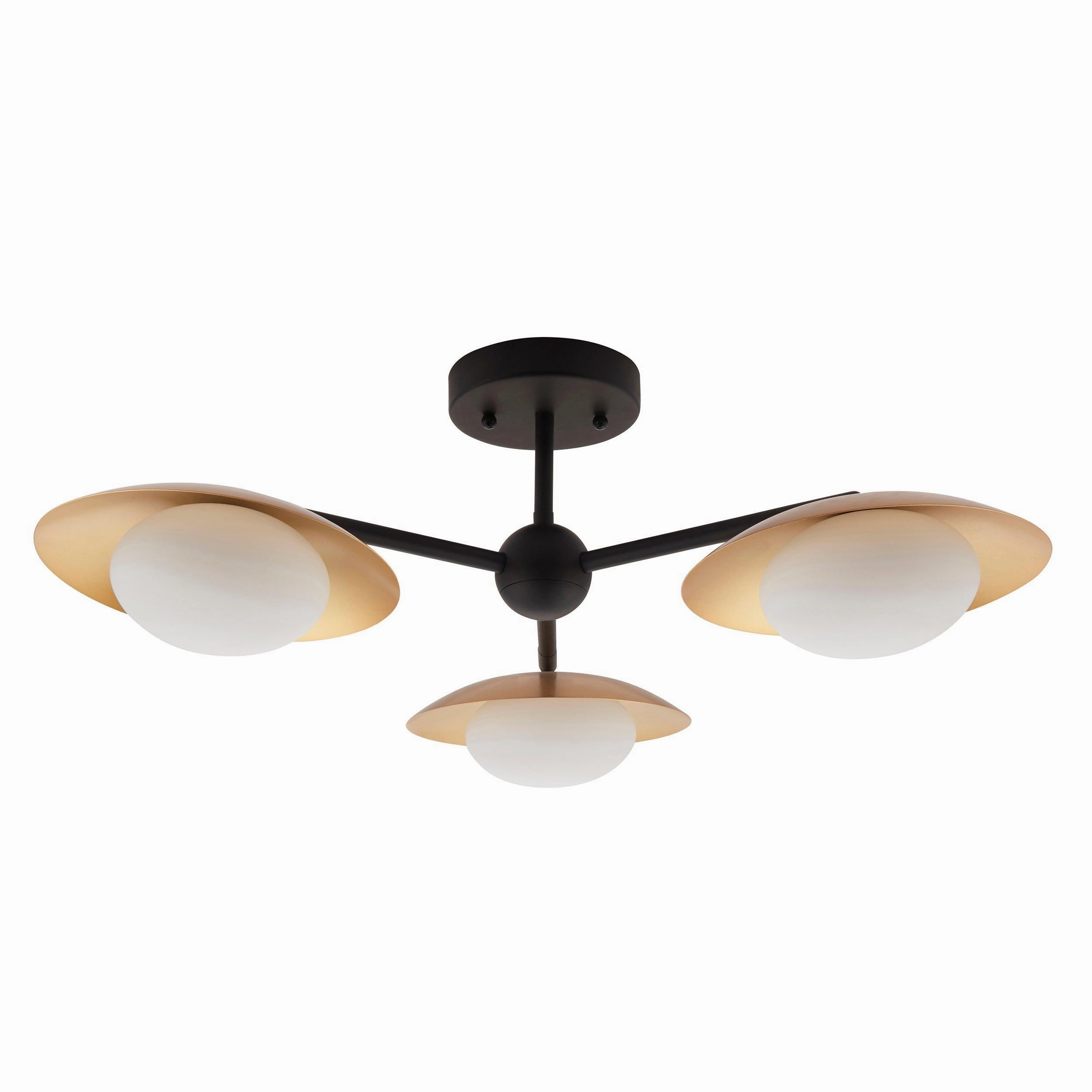 Carlton 3 Light Black & Gold Semi Flush - Opal Glass Shades