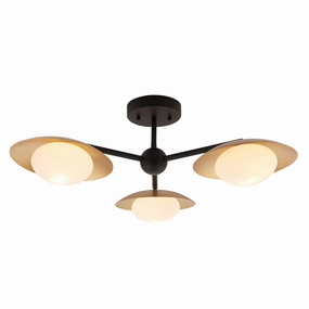 Carlton 3 Light Black & Gold Semi Flush - Opal Glass Shades white ceiling lamp