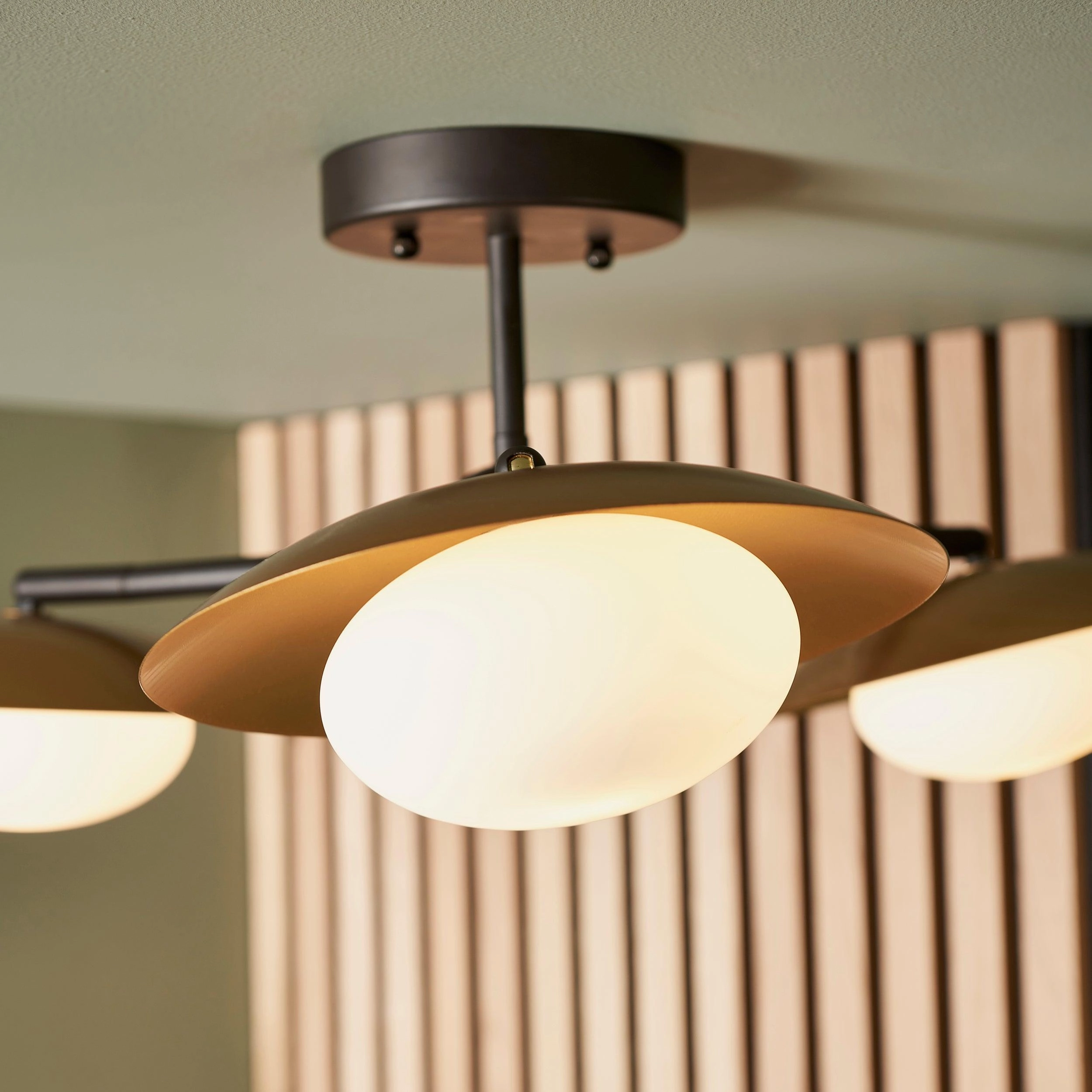 Carlton 3 Light Black & Gold Semi Flush - Opal Glass Shades