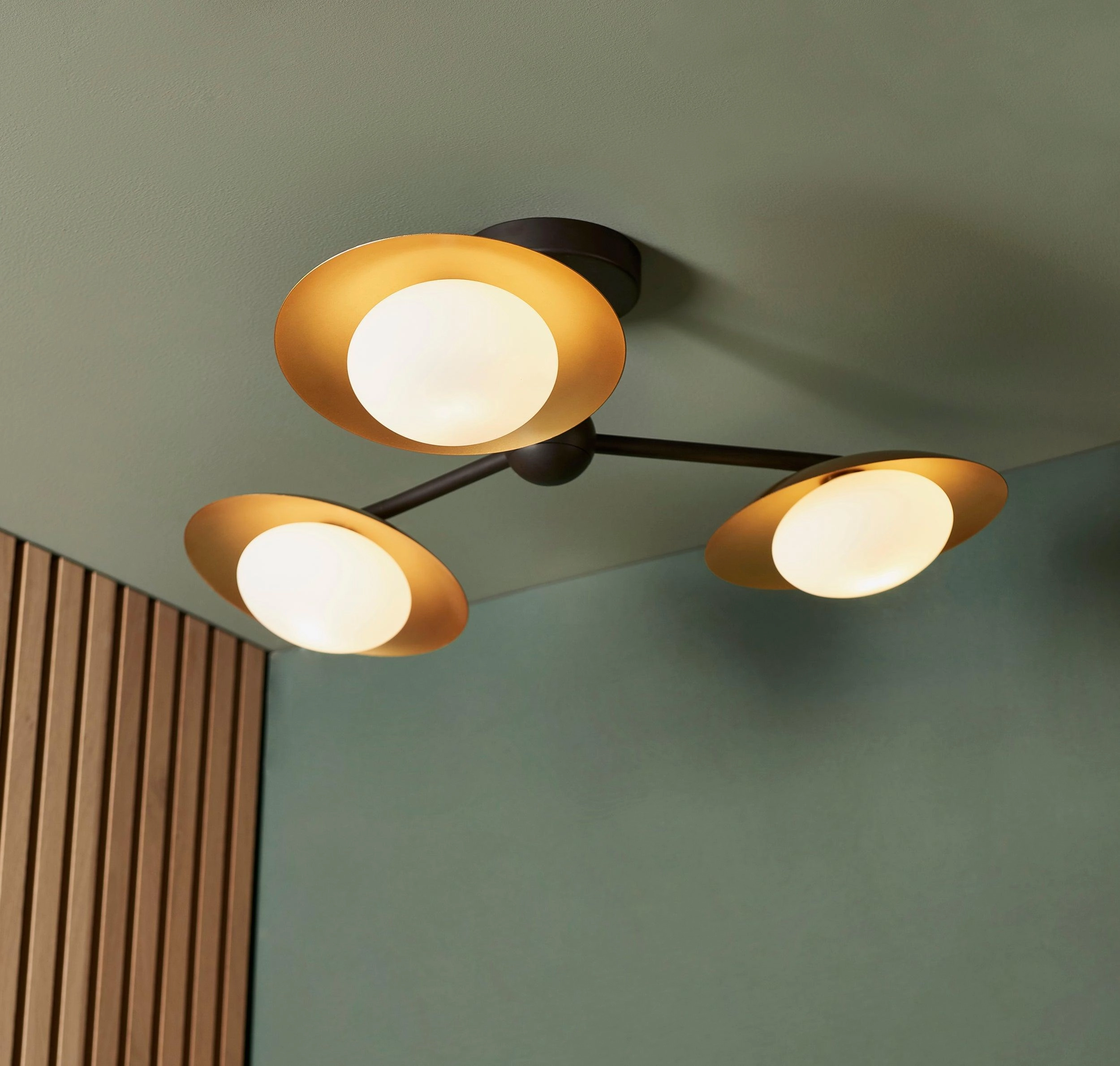 Carlton 3 Light Black & Gold Semi Flush - Opal Glass Shades