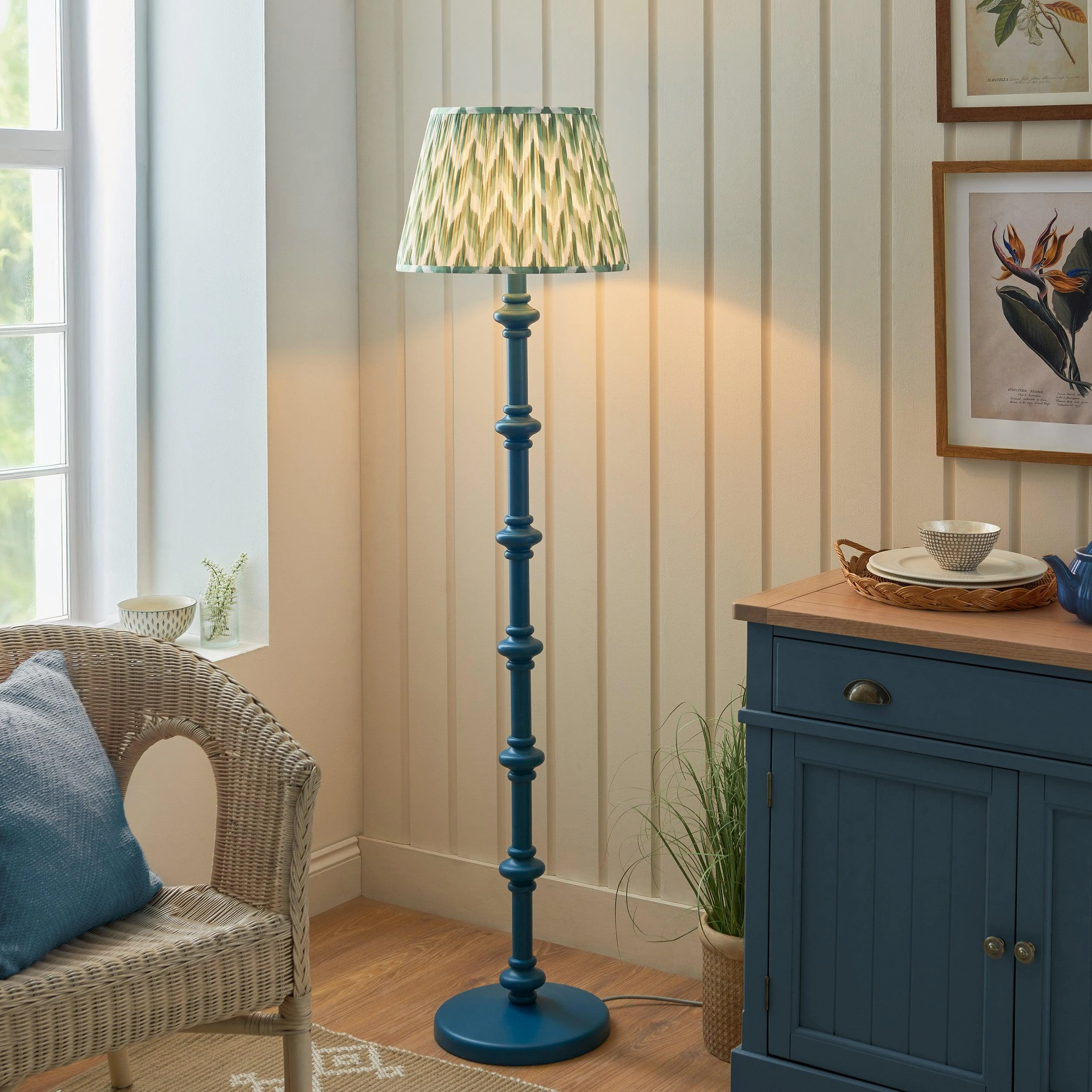 Carnaby Blue Wooden Floor Lamp & Zigzag 40cm Cotswold Green Shade creative lampshade design