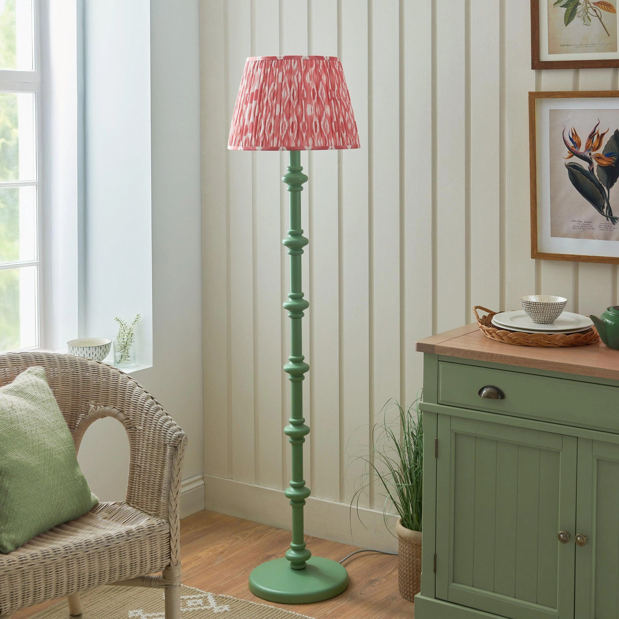 Carnaby Green Wooden Floor Lamp & Ikat 40cm Coral Pink Shade