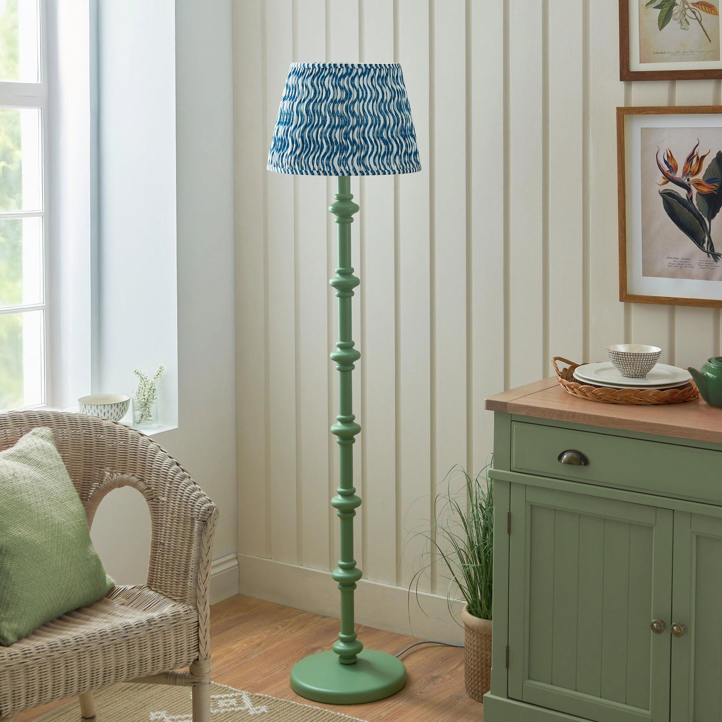 Carnaby Green Wooden Floor Lamp & Ripple 40cm Marlin Blue Shade